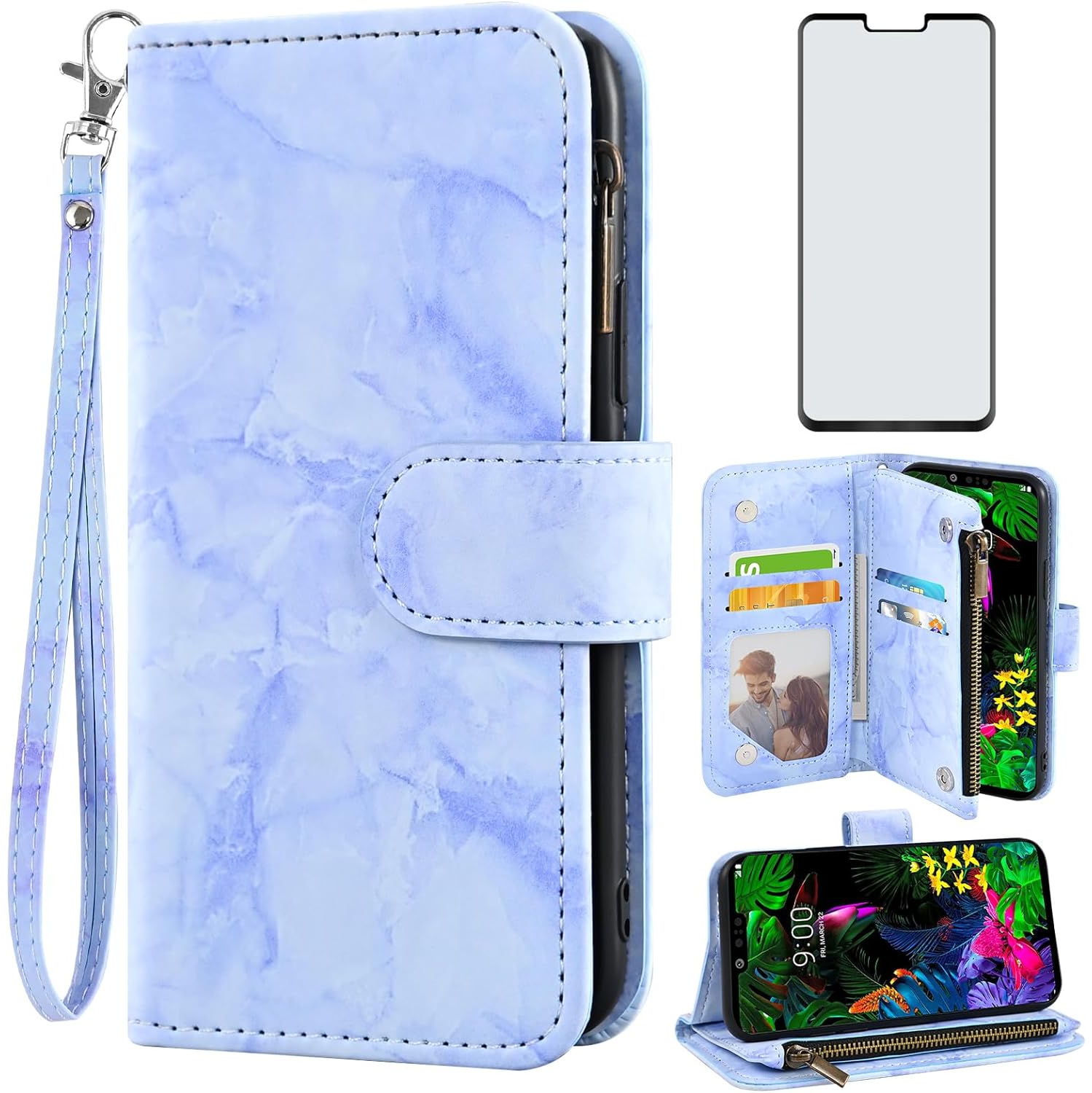 Phone Case for LG G8 ThinQ Wallet Cell Cover with Tempered Glass Screen Protector and Marble Leather Flip