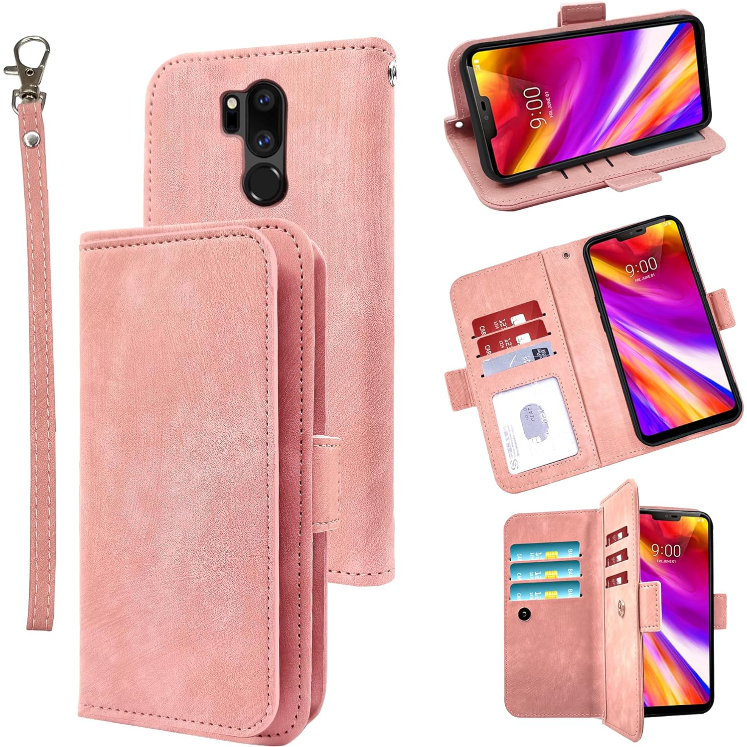 Compatible with LG G7 ThinQ Wallet Case Wrist Strap Lanyard Leather Flip Card Holder Stand Cell Phone Cover