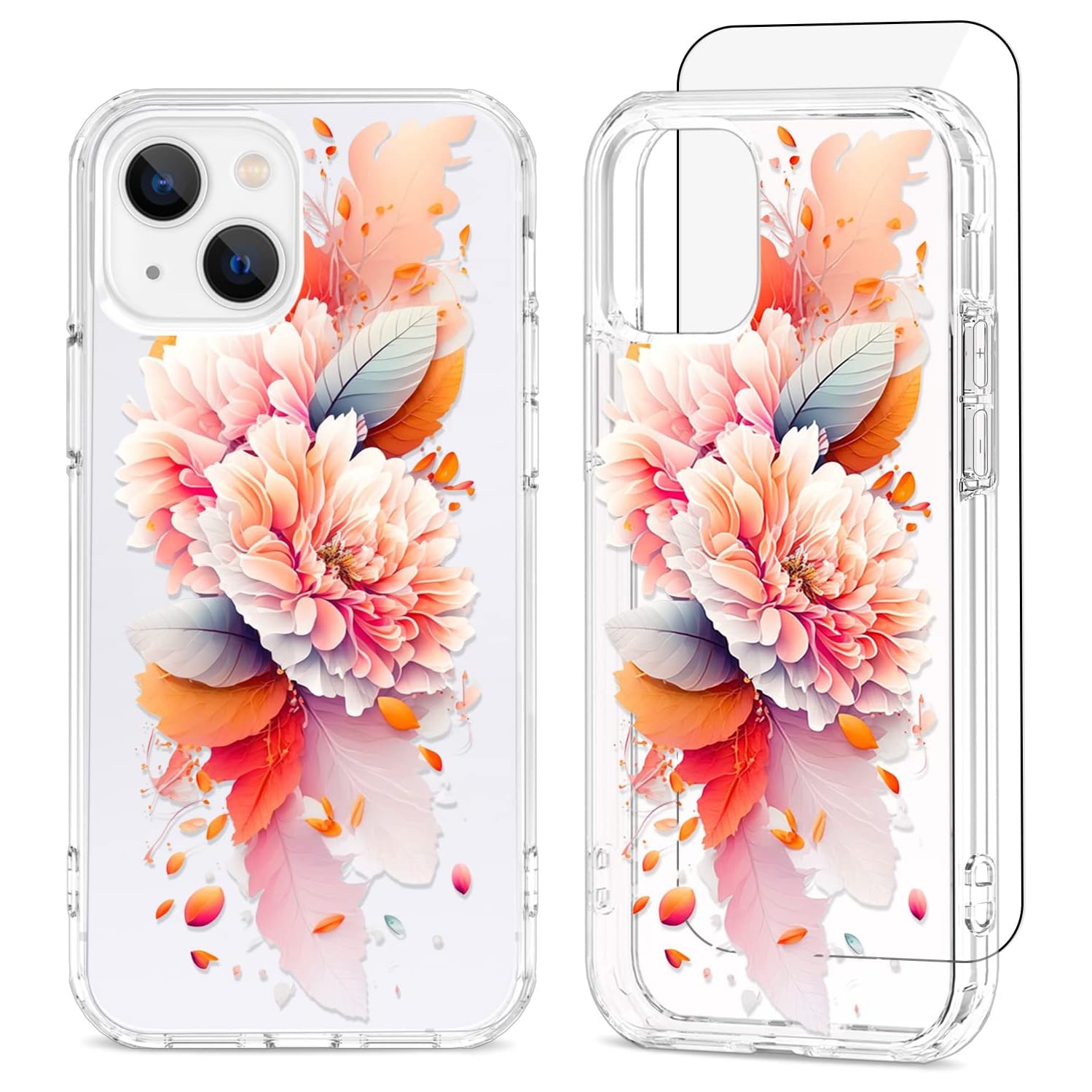 for iPhone 14 Case/iPhone 13 Case Floral, [Art on Mobile Phones] with Screen Protector, Cute Phone Clear Case
