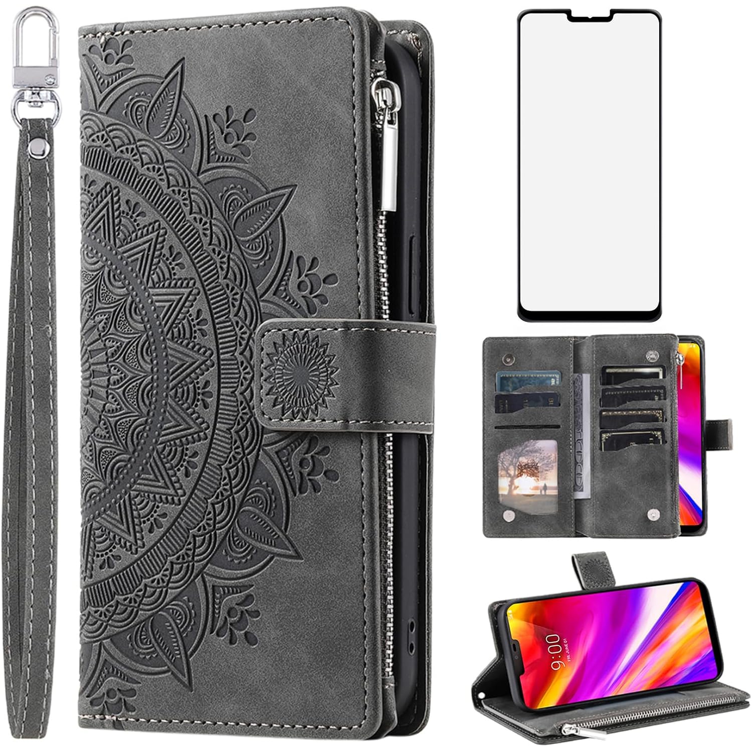 Phone Case for LG G7 ThinQ Wallet Cover with Tempered Glass Screen Protector Mandala Flower Flip Zipper Card Holder