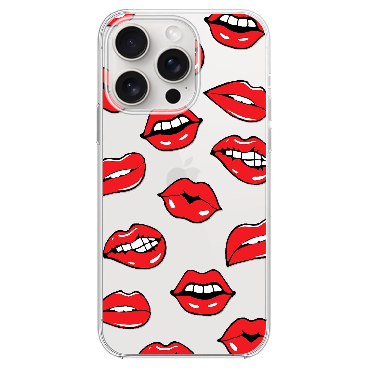 iPhone 15 Pro Case, Women Girls Fun Kisses Pattern Red Lips Style Fashionable Art Design Transparent Soft TPU