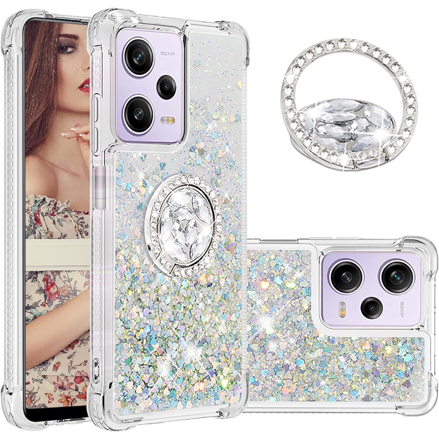 Glitter Clear Sparkly Bling Case for Xiaomi Redmi Note 12 Pro 5G for Women, Flowing Liquid Quicksand Cover
