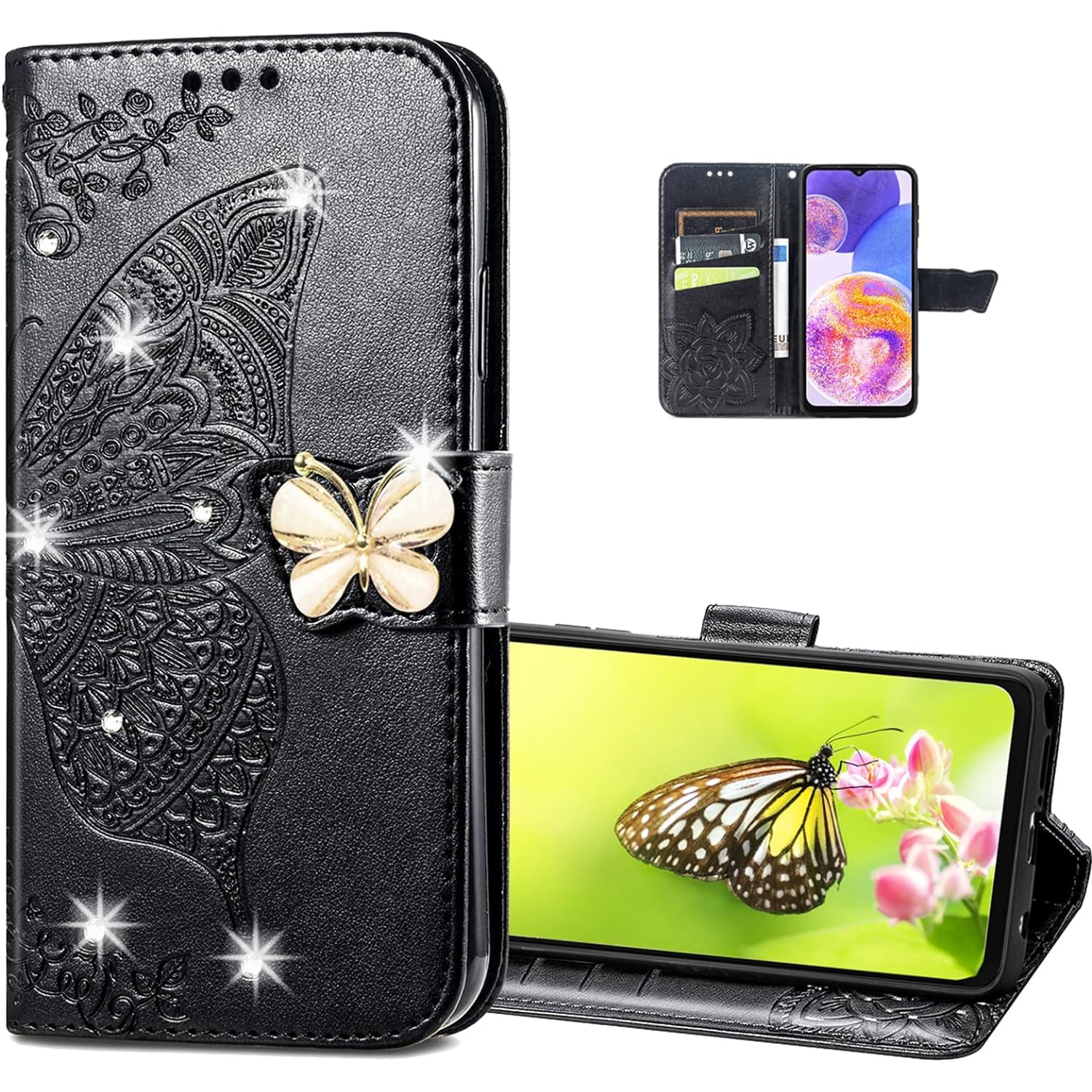 Butterfly Embossed Pattern Case for Xiaomi 13 Ultra 6.73", Wallet Funtion Phone Cover with Bling Rhinestone