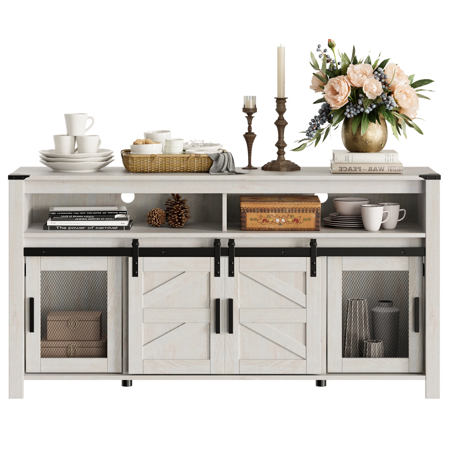 WAMPAT Buffet Cabinet,Rustic Sideboard with Sliding Barn Doors,59 inches Coffee Bar Storage Cabinet with Mesh Doors,Antique White Cupboard Table for Kitchen,Dining Room