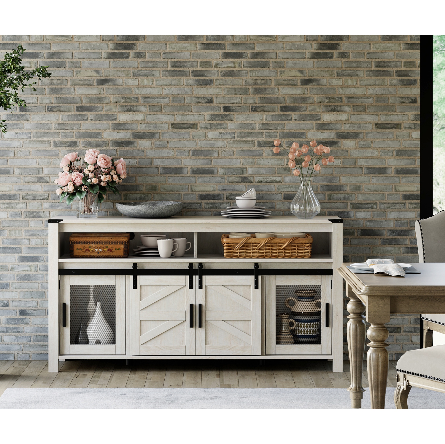 Buffet WAMPAT, buffet rustique avec portes de grange coulissantes, armoire de rangement de bar à café de 59 po avec portes en filet, table Cupboard