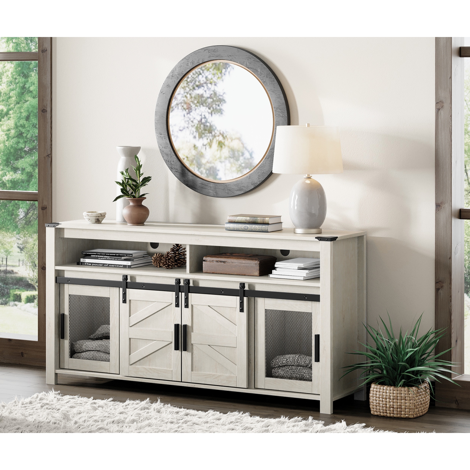 Buffet WAMPAT, buffet rustique avec portes de grange coulissantes, armoire de rangement de bar à café de 59 po avec portes en filet, table Cupboard