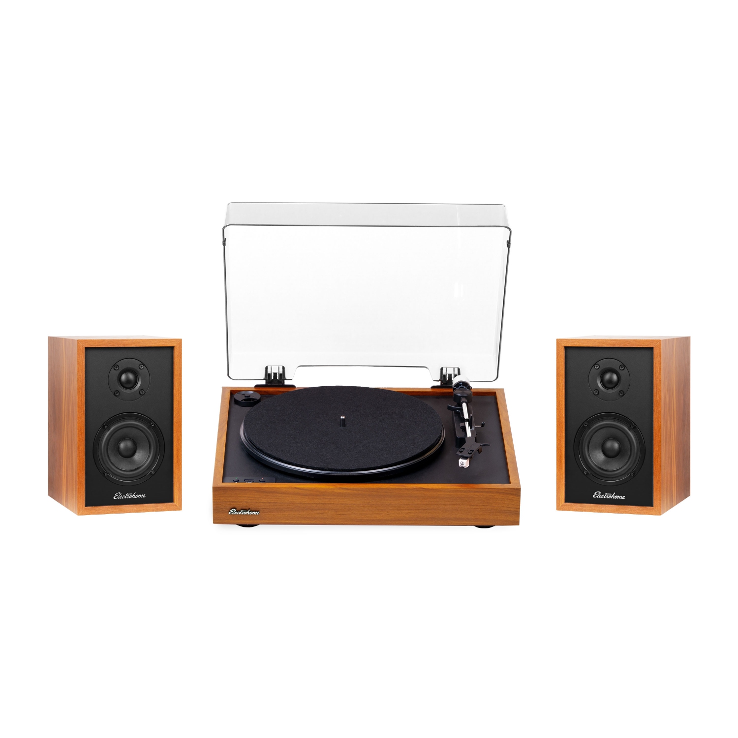Electrohome Montrose Wireless Vinyl Record Player with Berkeley, Powered Bluetooth Bookshelf Speakers, Teak