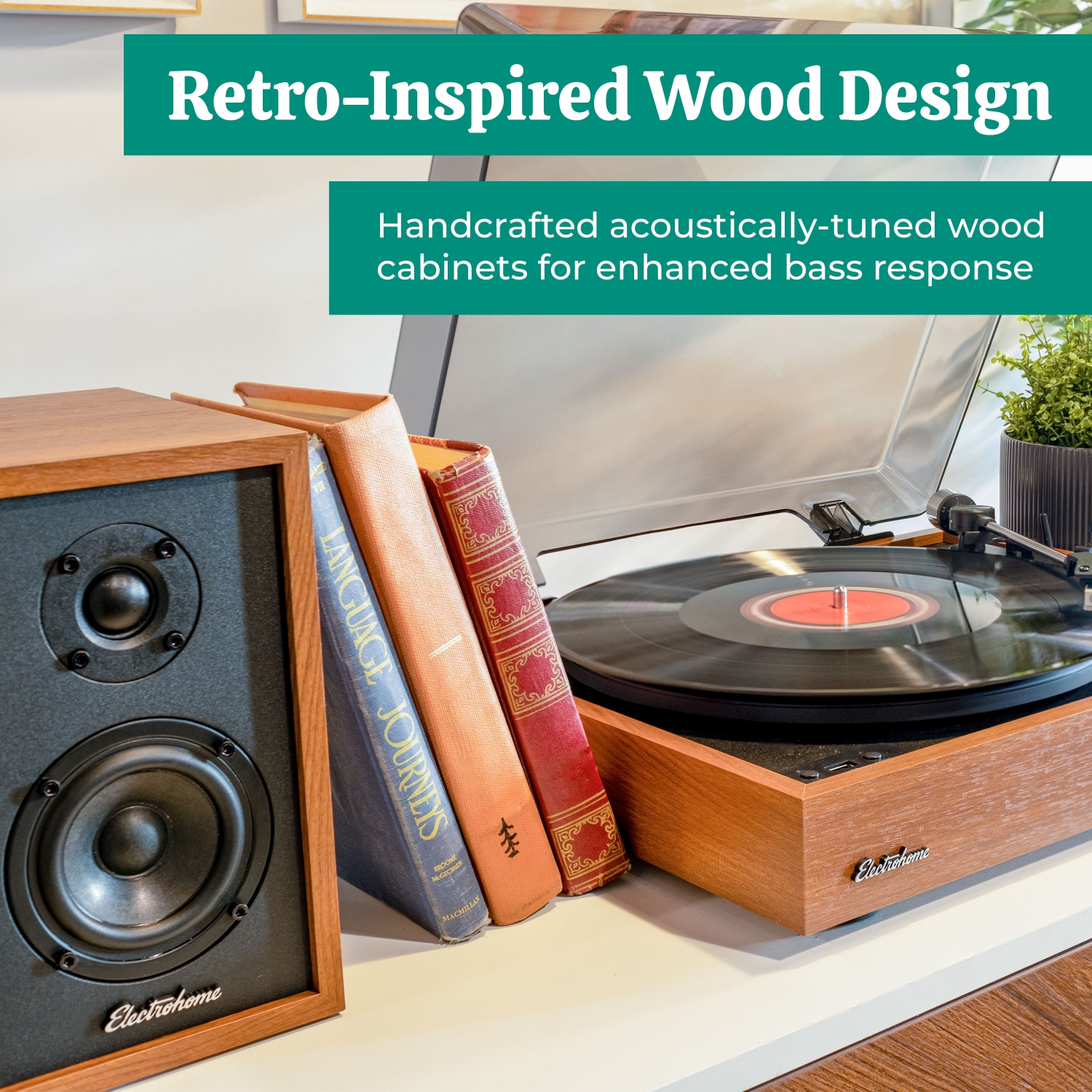 Electrohome Montrose Wireless Vinyl Record Player with Berkeley, Powered Bluetooth Bookshelf Speakers, Teak