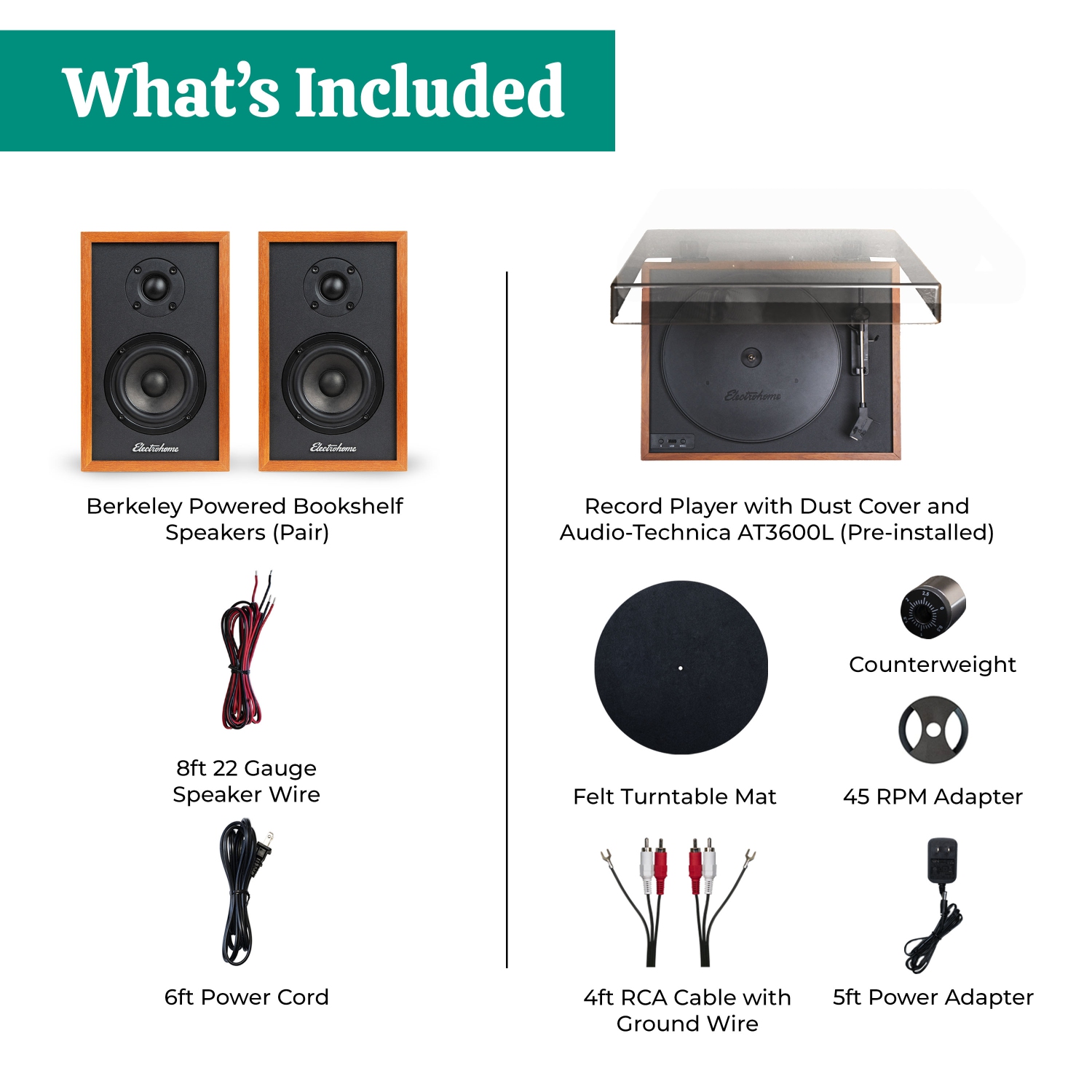 Electrohome Montrose Wireless Vinyl Record Player with Berkeley, Powered Bluetooth Bookshelf Speakers, Teak