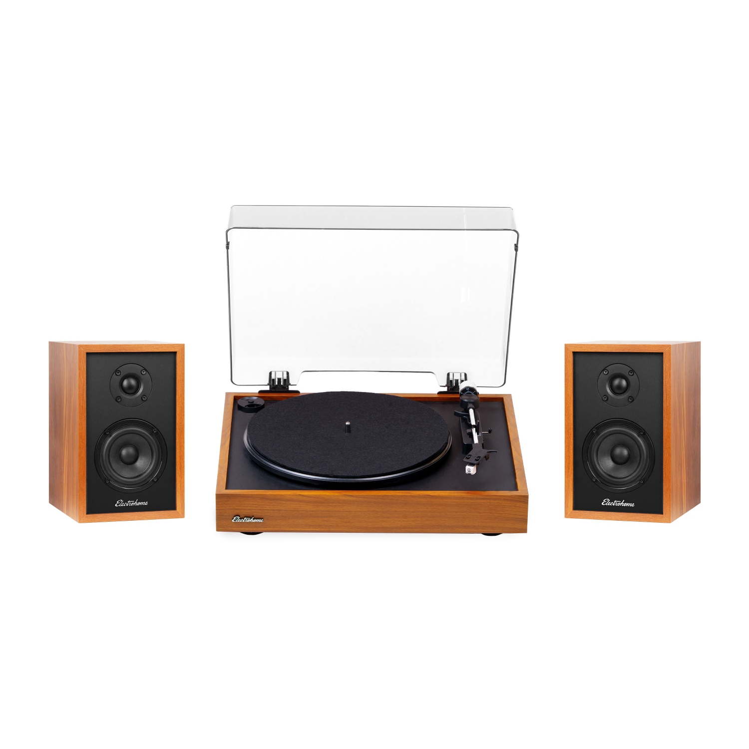 Electrohome Montrose Vinyl Record Player with Berkeley Powered Bluetooth Bookshelf Speakers for Warm Natural Sound, Teak