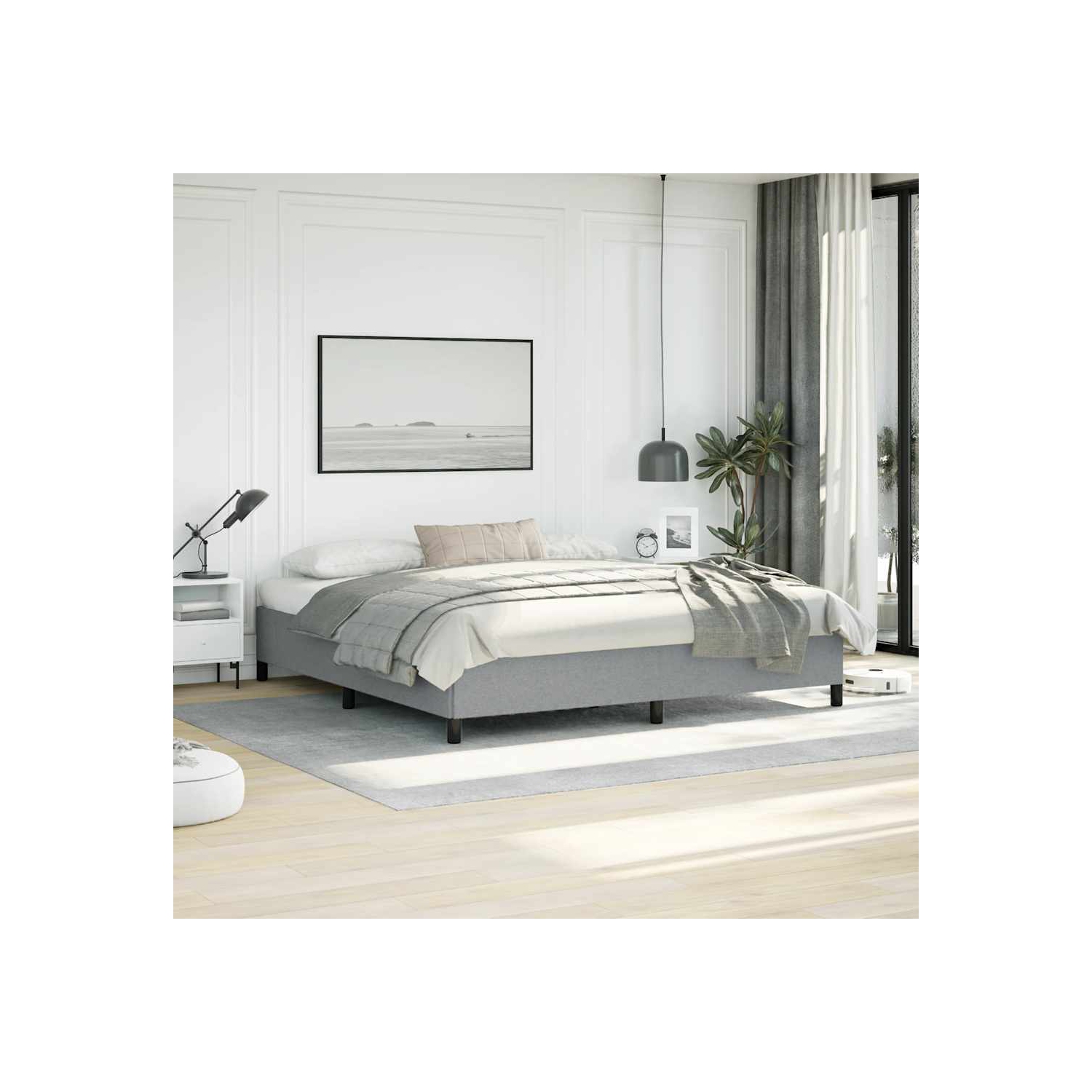 vidaXL King Bed Frame, Fabric Upholstered Platform Bed Frame, Light Gray, No Mattress