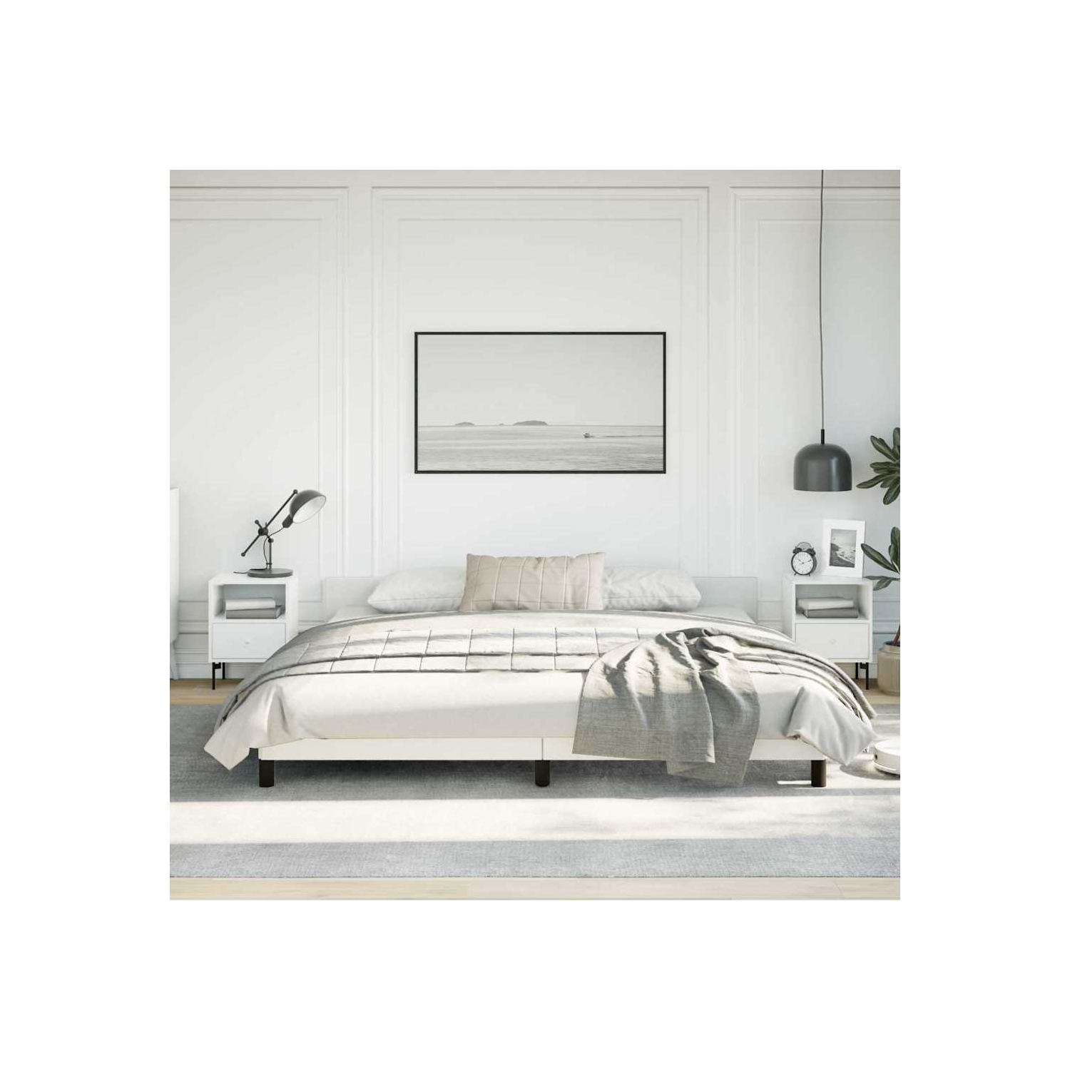 vidaXL King Platform Bed Frame, Slats Support, Easy Assembly, No Mattress, White Faux Leather