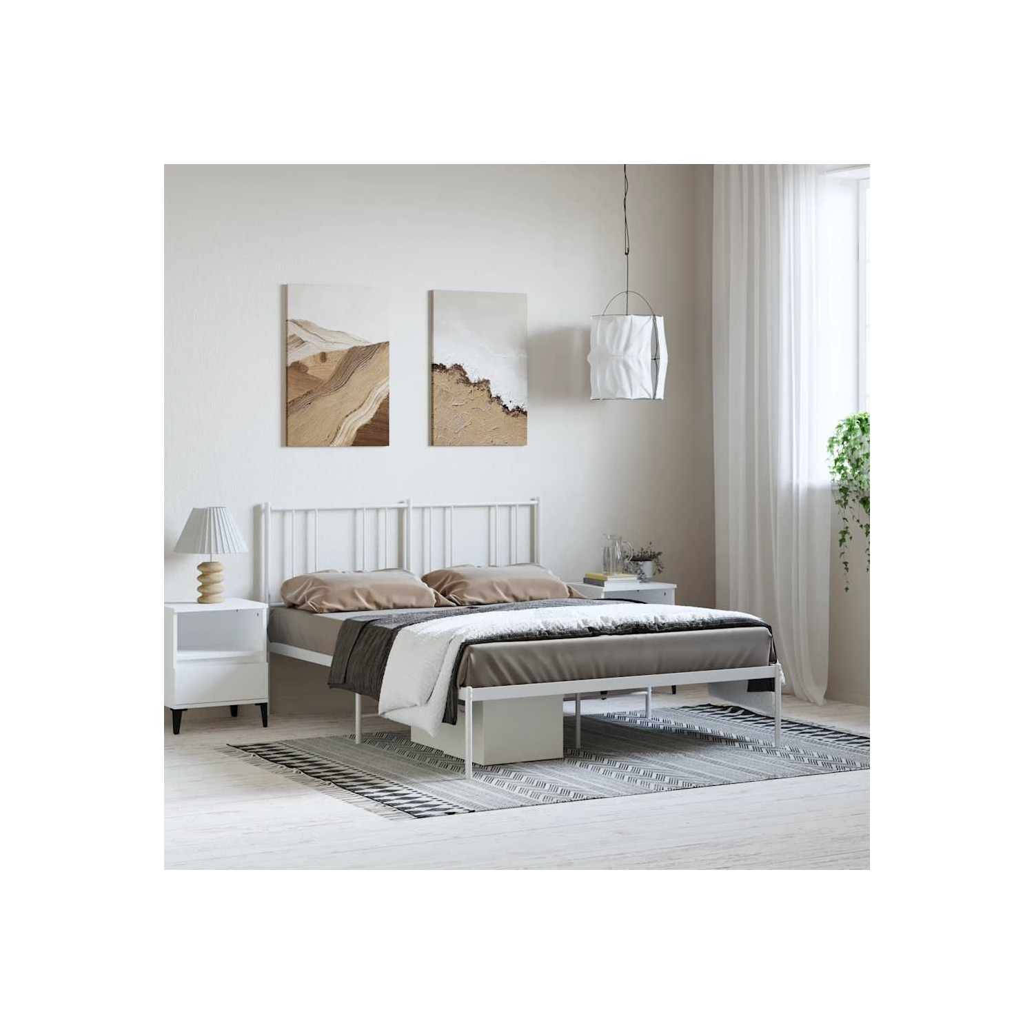 vidaXL White Queen Metal Bed Frame with Headboard & Slats, No Mattress, Easy Assembly