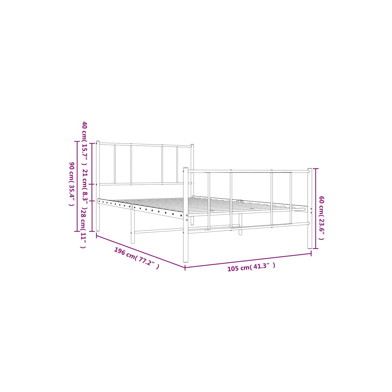 vidaXL White Twin Metal Bed Frame with Headboard & Slats, No Mattress, Easy Assembly