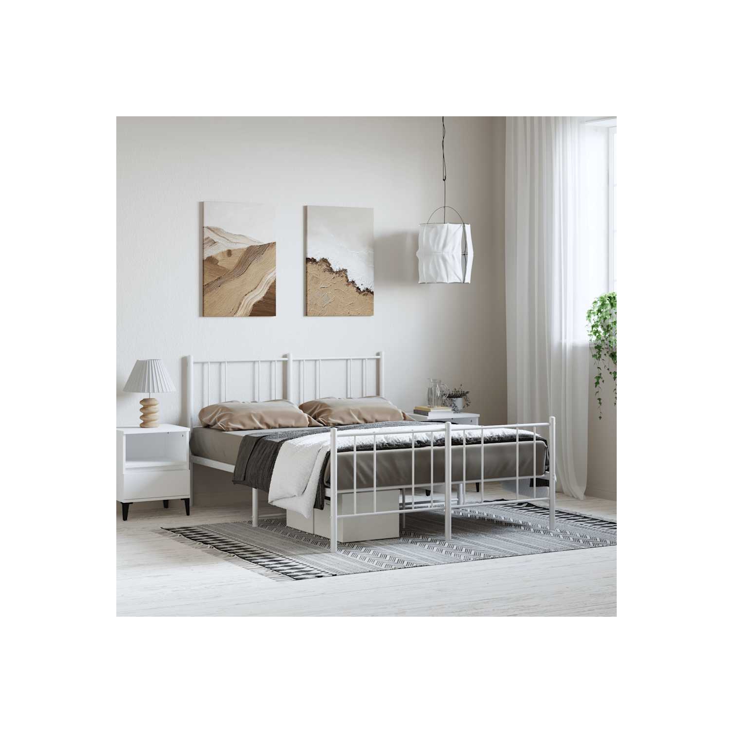 VidaXL – Cadre de lit double en métal blanc avec tête de lit et lattes, sans matelas, assemblage facile