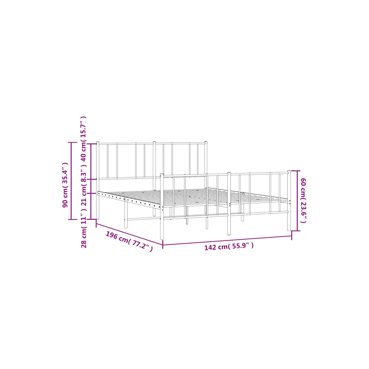VidaXL – Cadre de lit double en métal blanc avec tête de lit et lattes, sans matelas, assemblage facile