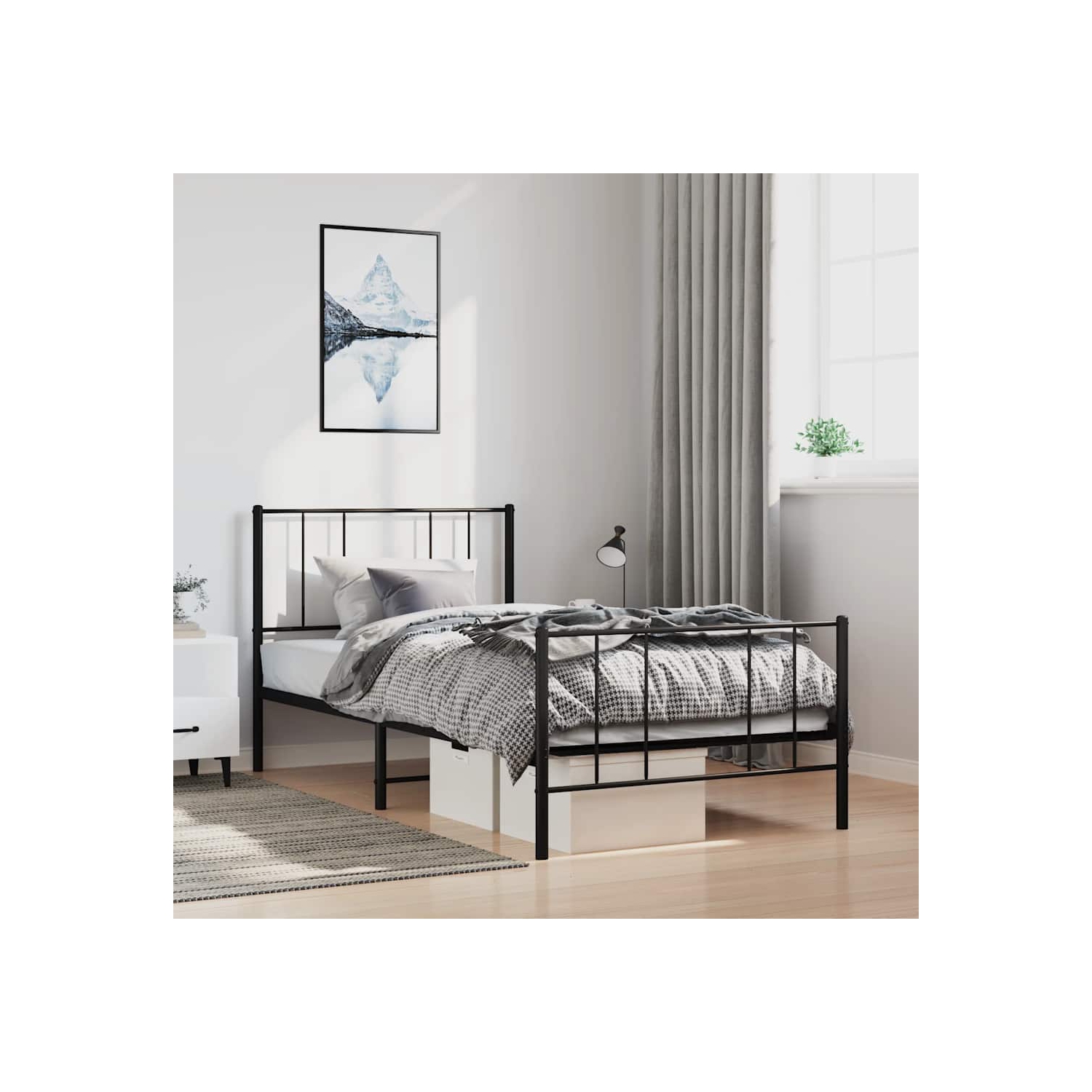 vidaXL Black Twin Metal Bed Frame with Headboard & Slats, No Mattress, Easy Assembly