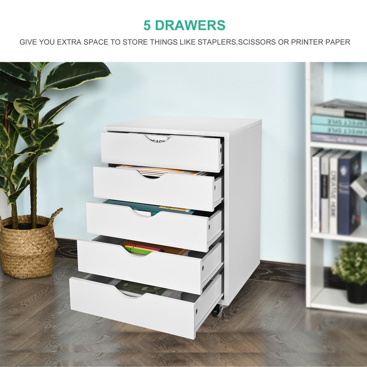 5-Drawer Mobile Filing Cabinets and Office Storage，File Vertical Wood Folder Organizer Cabinet with 360° Rotation Casters - White