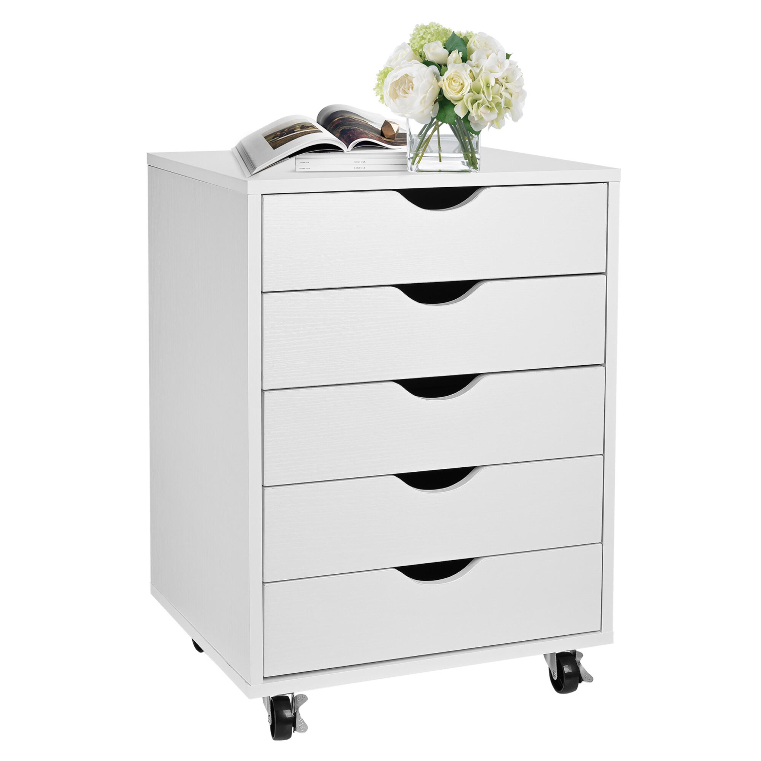 5-Drawer Mobile Filing Cabinets and Office Storage，File Vertical Wood Folder Organizer Cabinet with 360° Rotation Casters - White