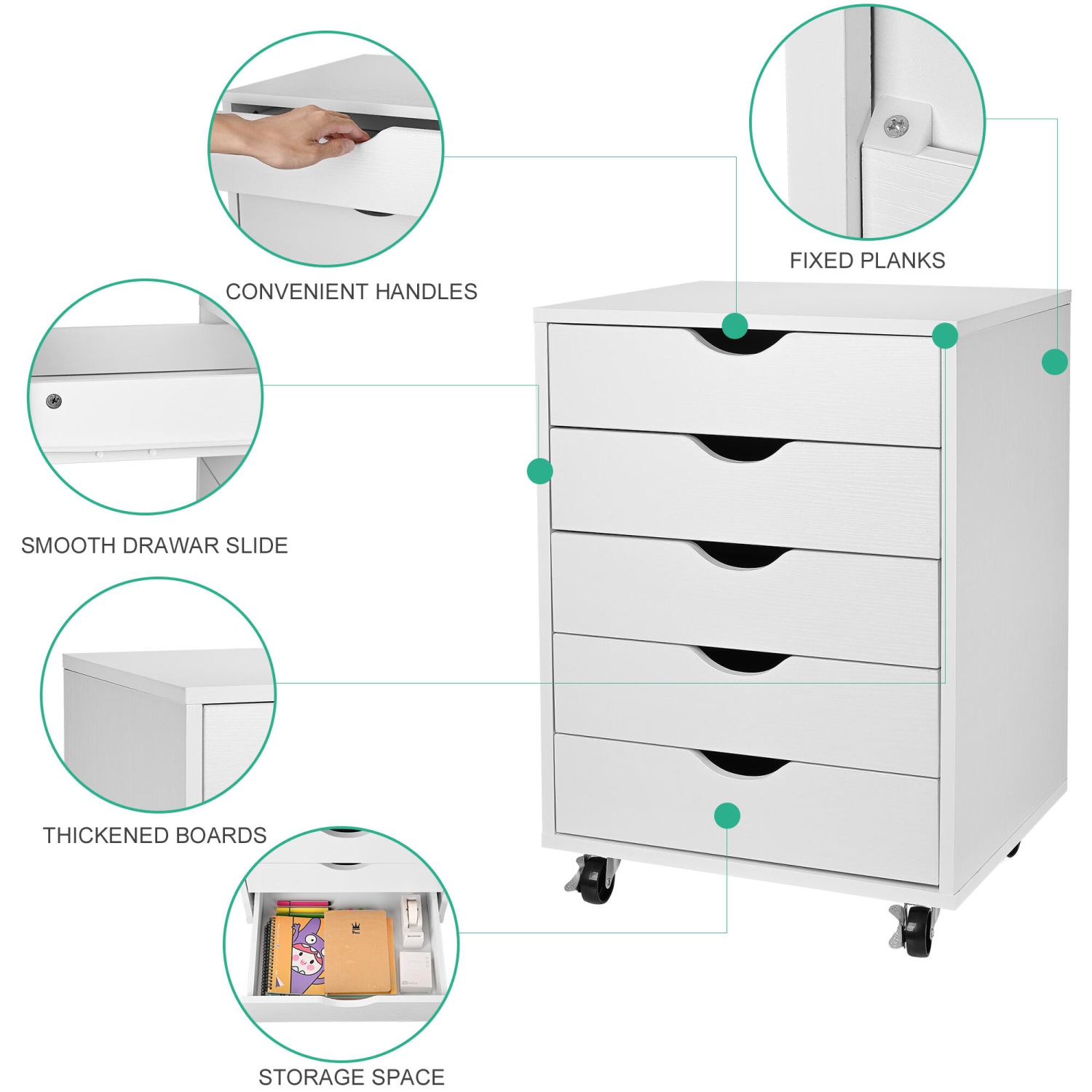 5-Drawer Mobile Filing Cabinets and Office Storage，File Vertical Wood Folder Organizer Cabinet with 360° Rotation Casters - White