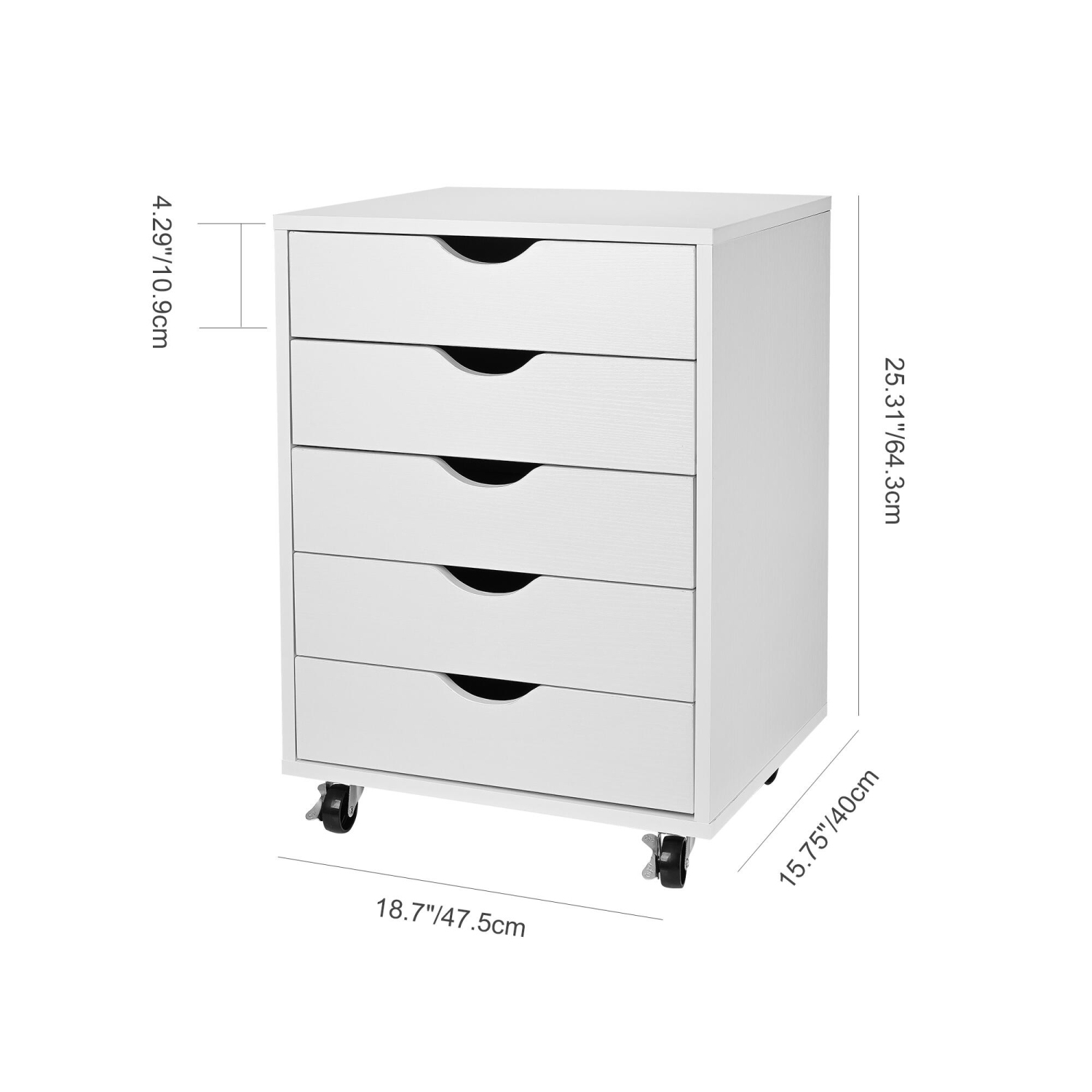 5-Drawer Mobile Filing Cabinets and Office Storage，File Vertical Wood Folder Organizer Cabinet with 360° Rotation Casters - White