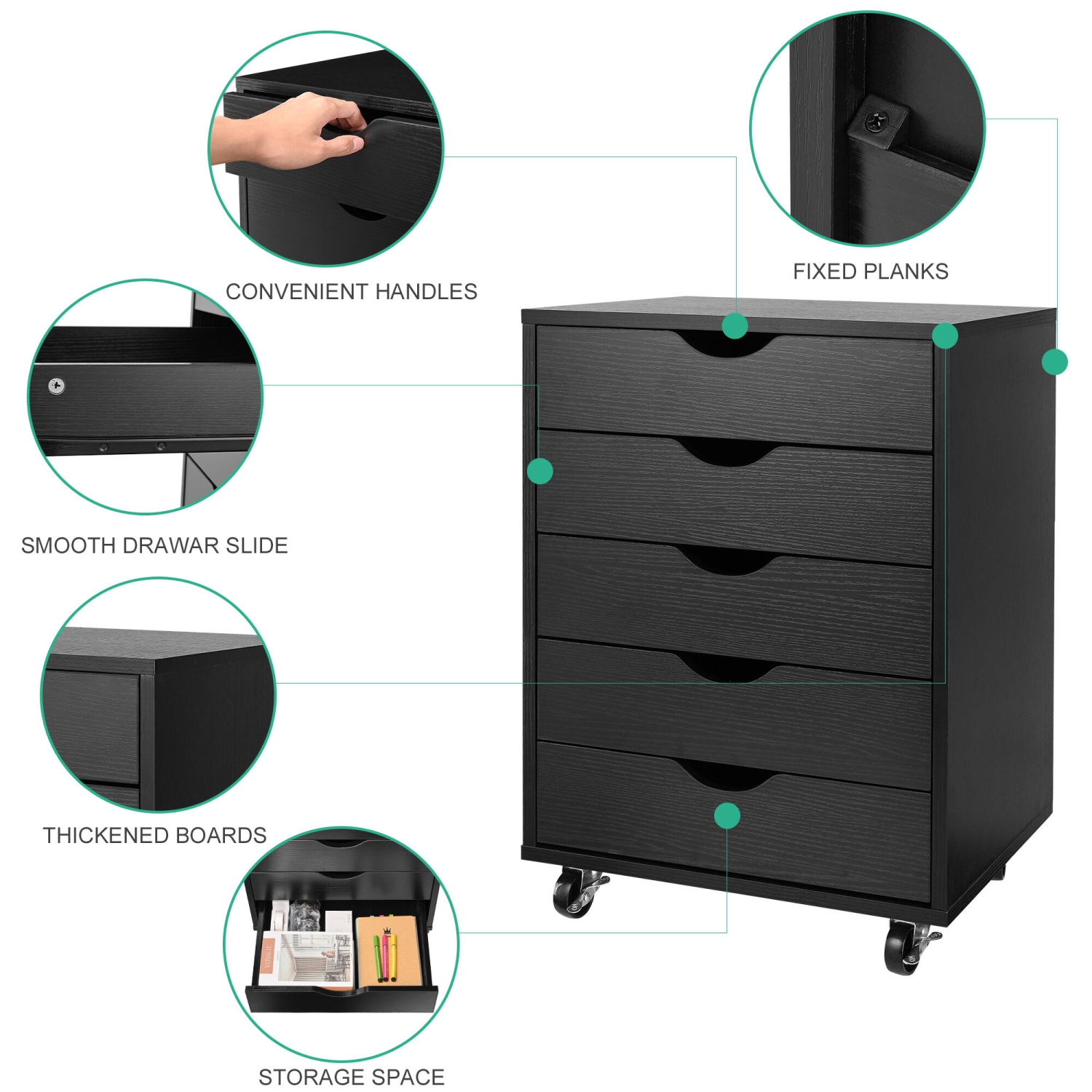 Classeurs mobiles à 5 tiroirs et rangement pour le bureau，rangement vertical en bois pour dossiers avec roulettes pivotantes à 360° - Noir