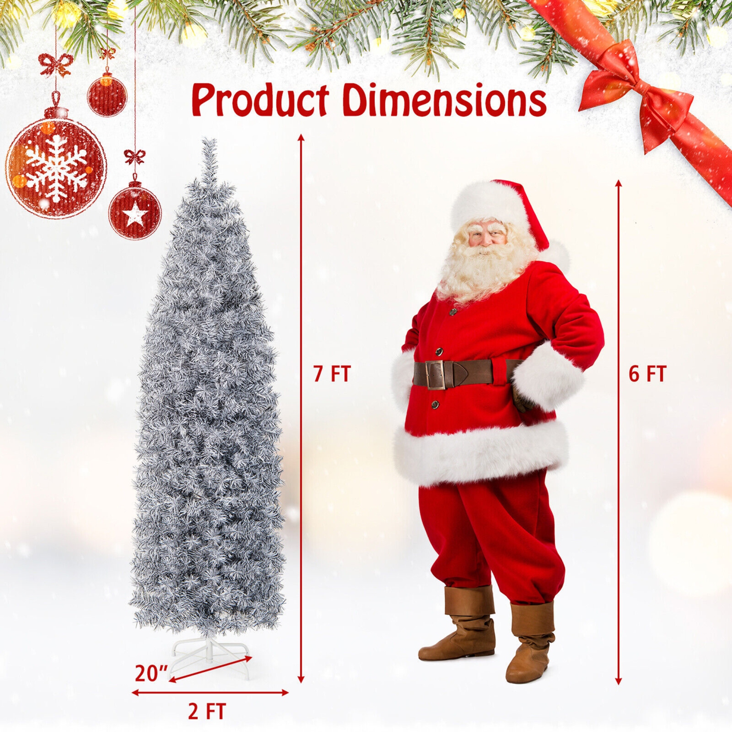 Gymax 7ft Pre-Lit Artificial Christmas Tree Hinged Slim Pencil Xmas Tree w/ LED Lights