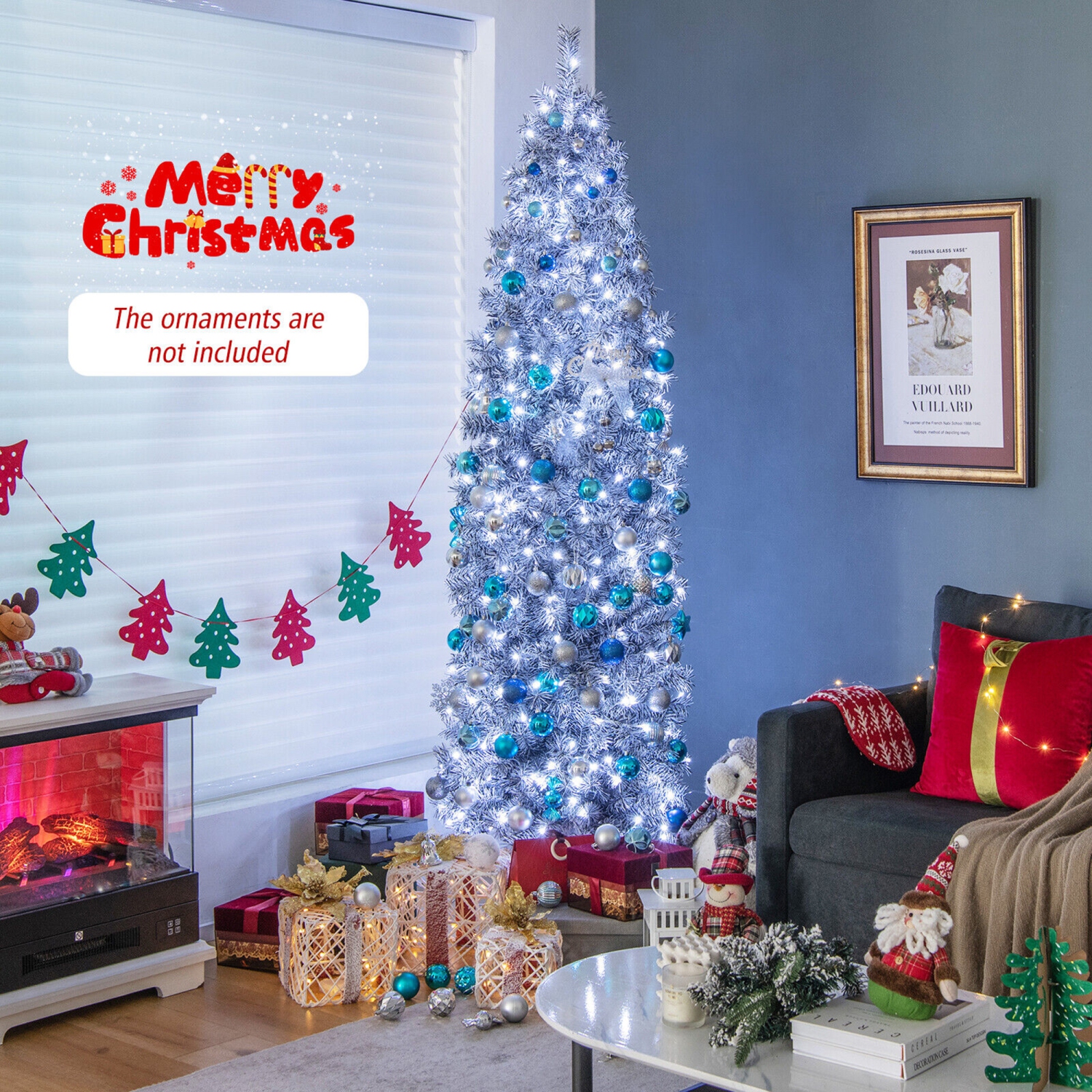 Gymax 7ft Pre-Lit Artificial Christmas Tree Hinged Slim Pencil Xmas Tree w/ LED Lights