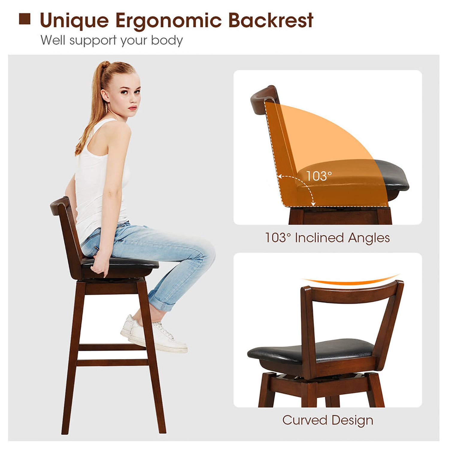 Gymax Swivel Bar Height Bar Stool 30.5'' Upholstered PU Leather Hollow Backrest