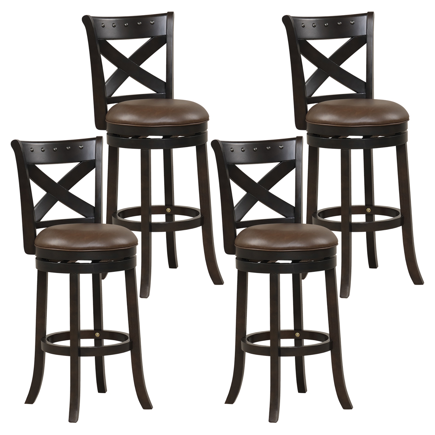 Gymax 31'' Swivel Bar Stool Set of 4 Bar Height PU Leather Seat Rubber Wood Legs
