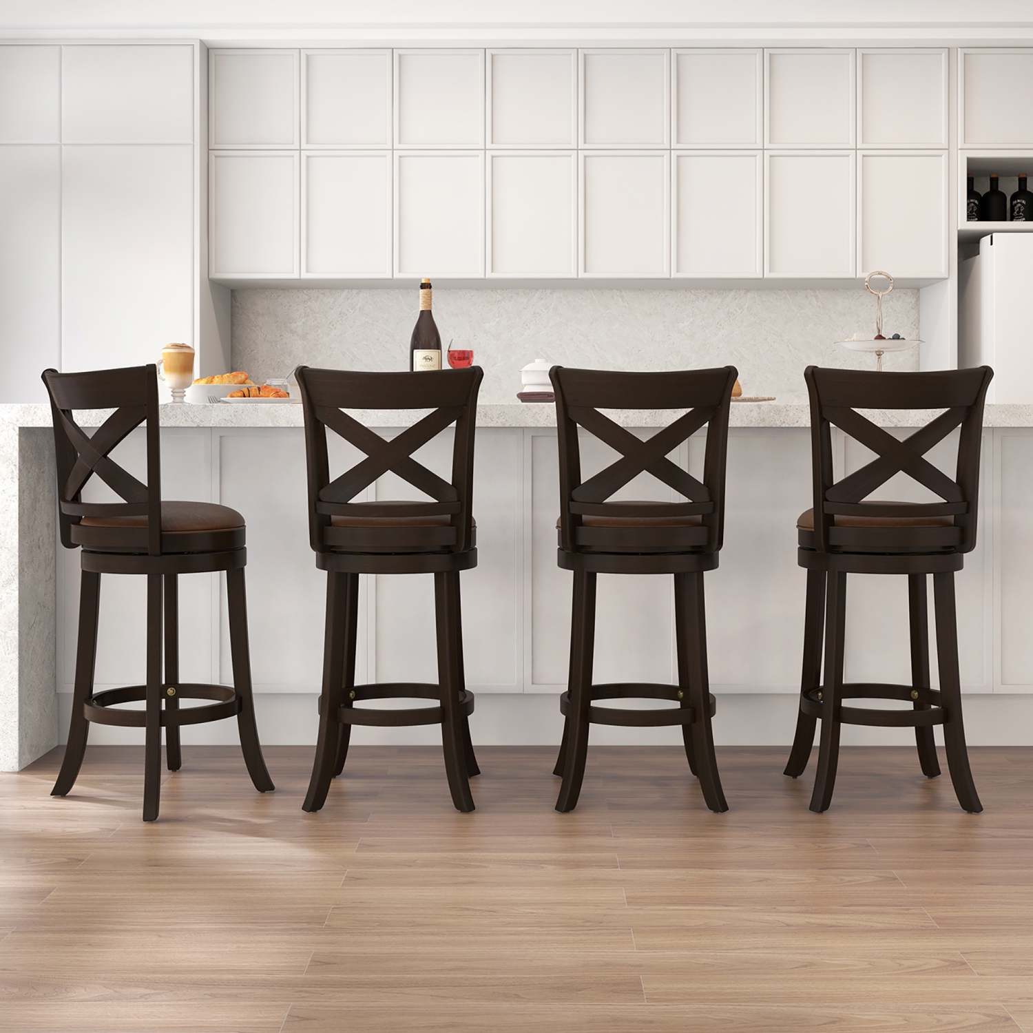 Gymax 31'' Swivel Bar Stool Set of 4 Bar Height PU Leather Seat Rubber Wood Legs