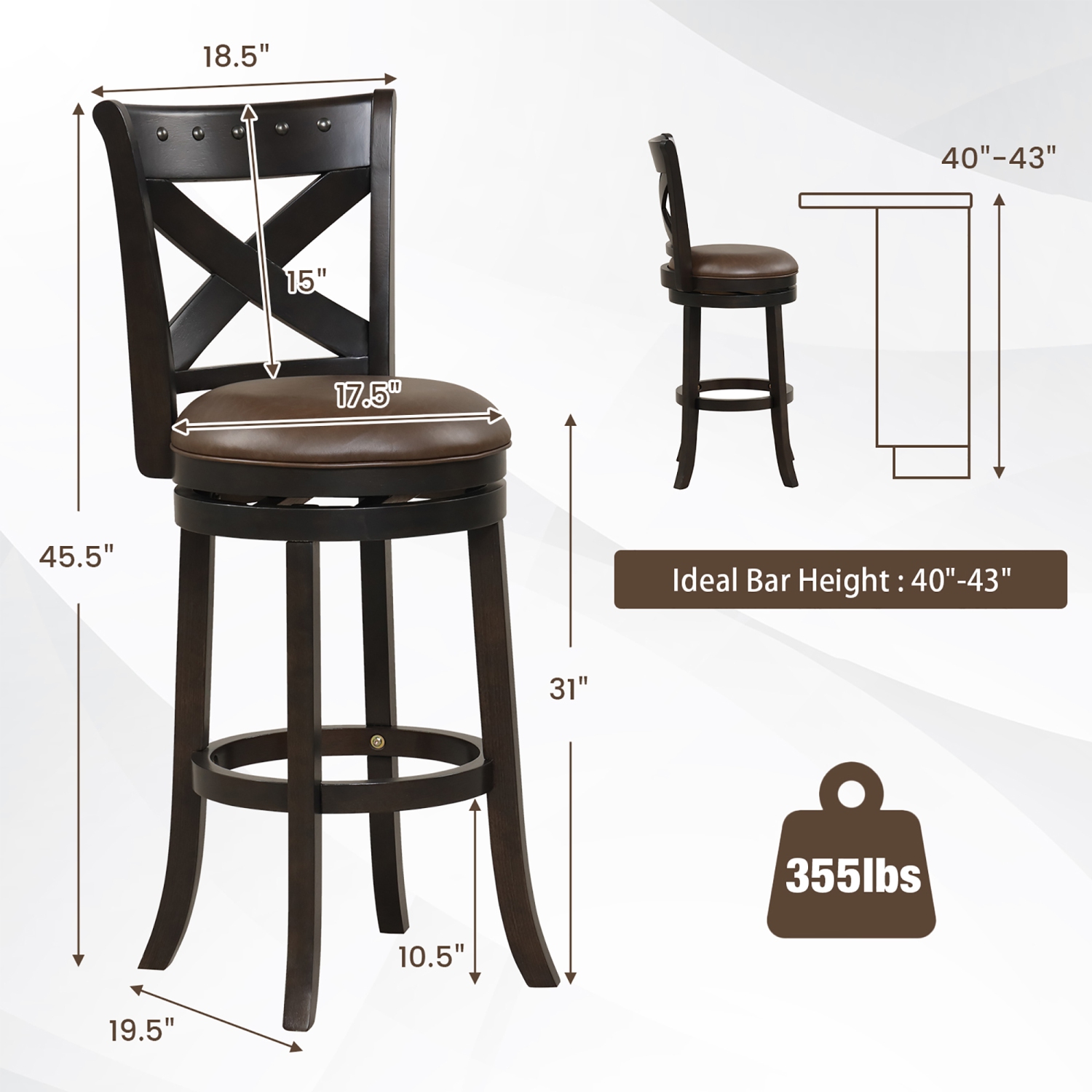 Gymax 31'' Swivel Bar Stool Set of 4 Bar Height PU Leather Seat Rubber Wood Legs