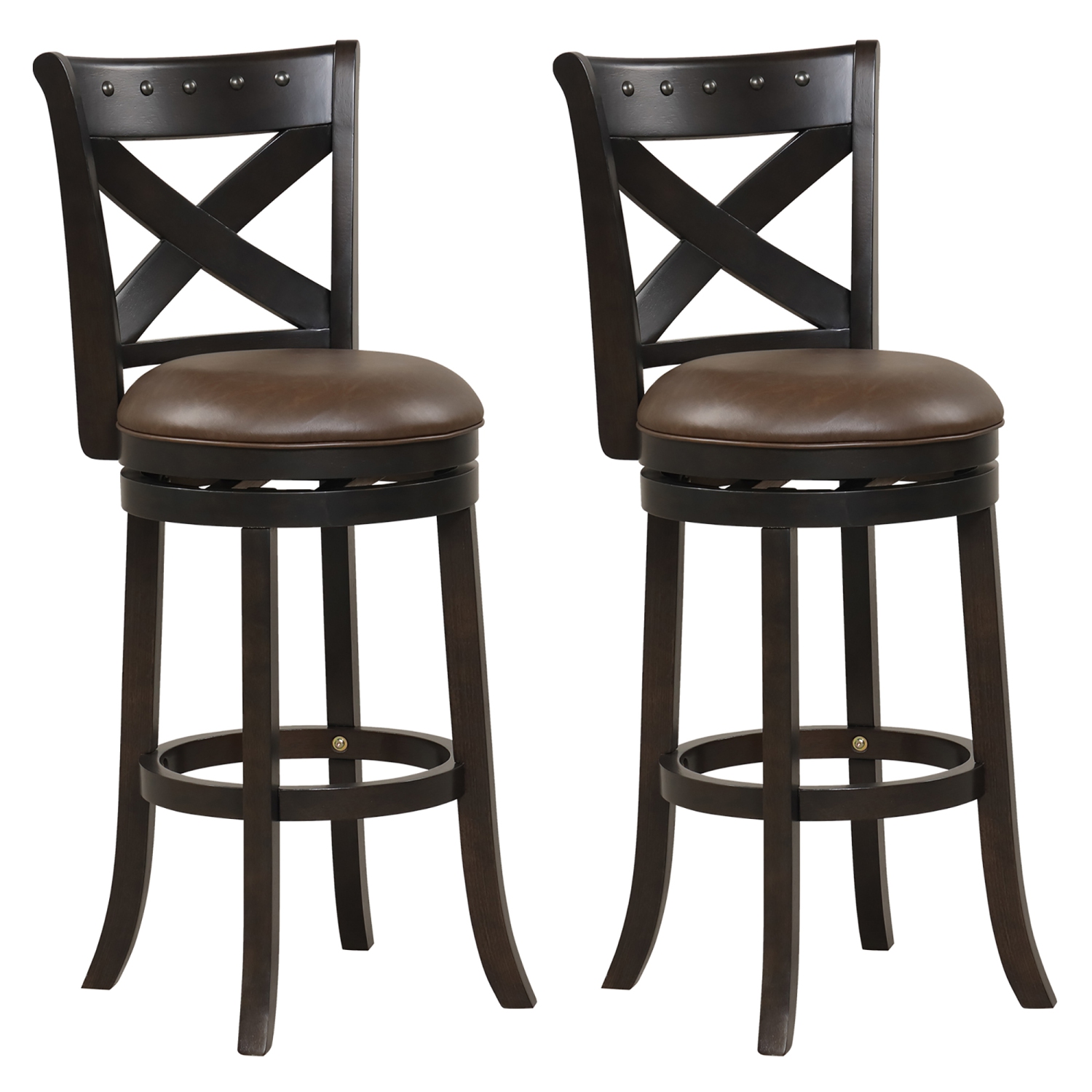 Gymax 31'' Swivel Bar Stool Set of 2 Bar Height PU Leather Seat Rubber Wood Legs