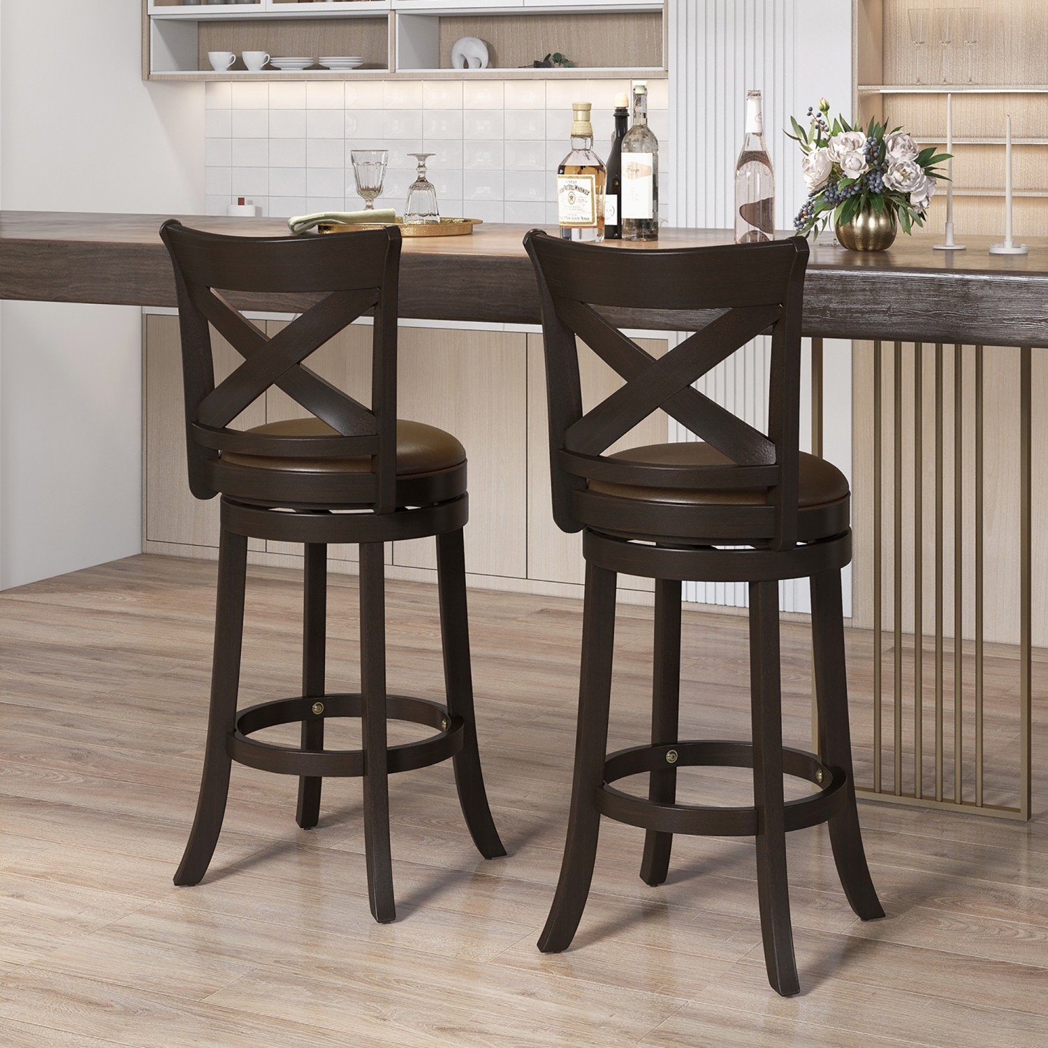 Gymax 31'' Swivel Bar Stool Set of 2 Bar Height PU Leather Seat Rubber Wood Legs
