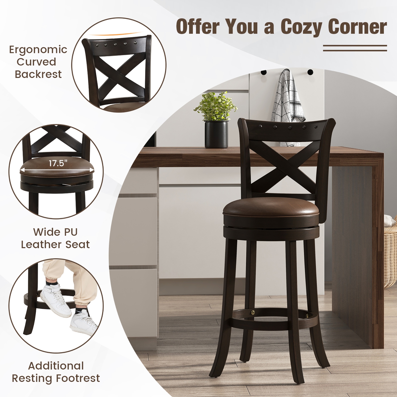 Gymax 31'' Swivel Bar Stool Set of 2 Bar Height PU Leather Seat Rubber Wood Legs