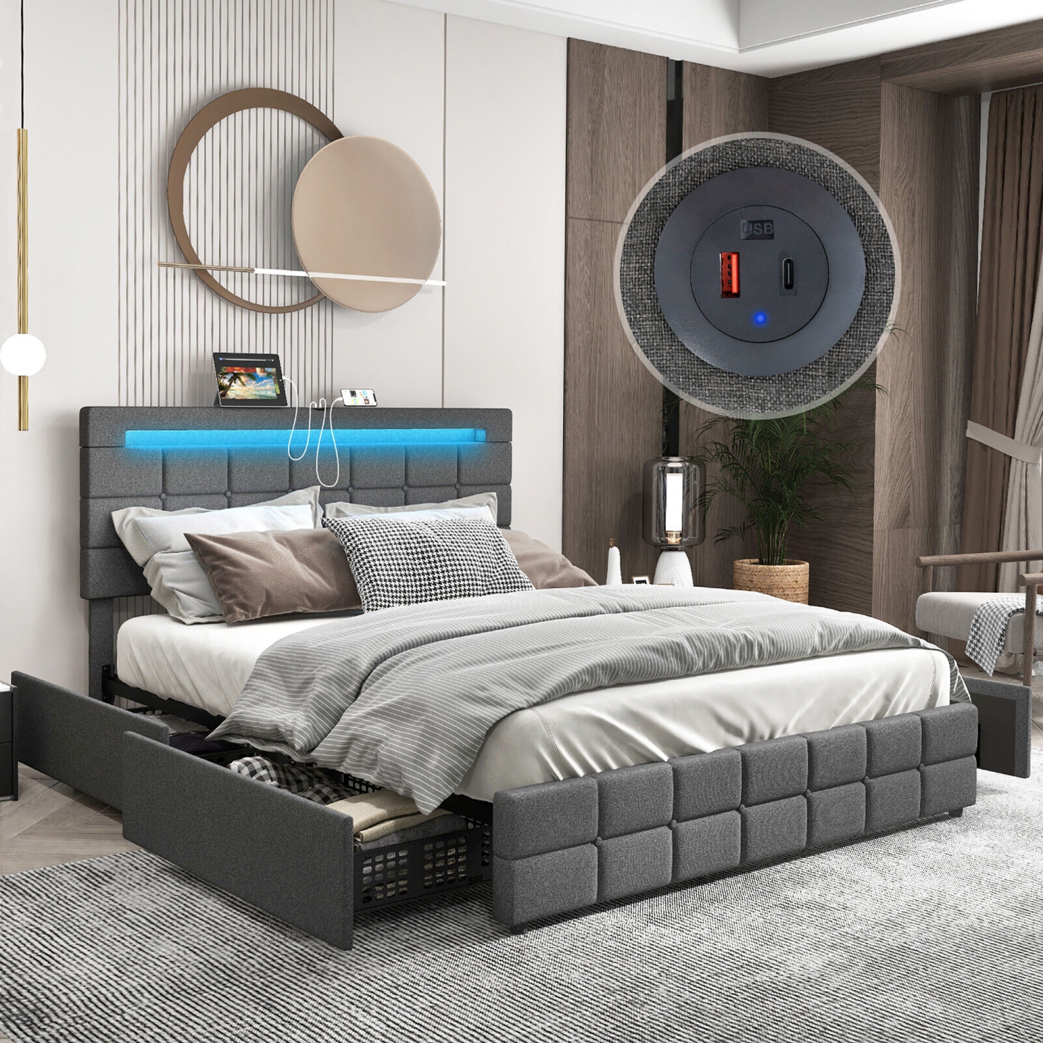 Gymax Full Upholstered Platform Bed with LED Headboard Charging Station Storage Drawer