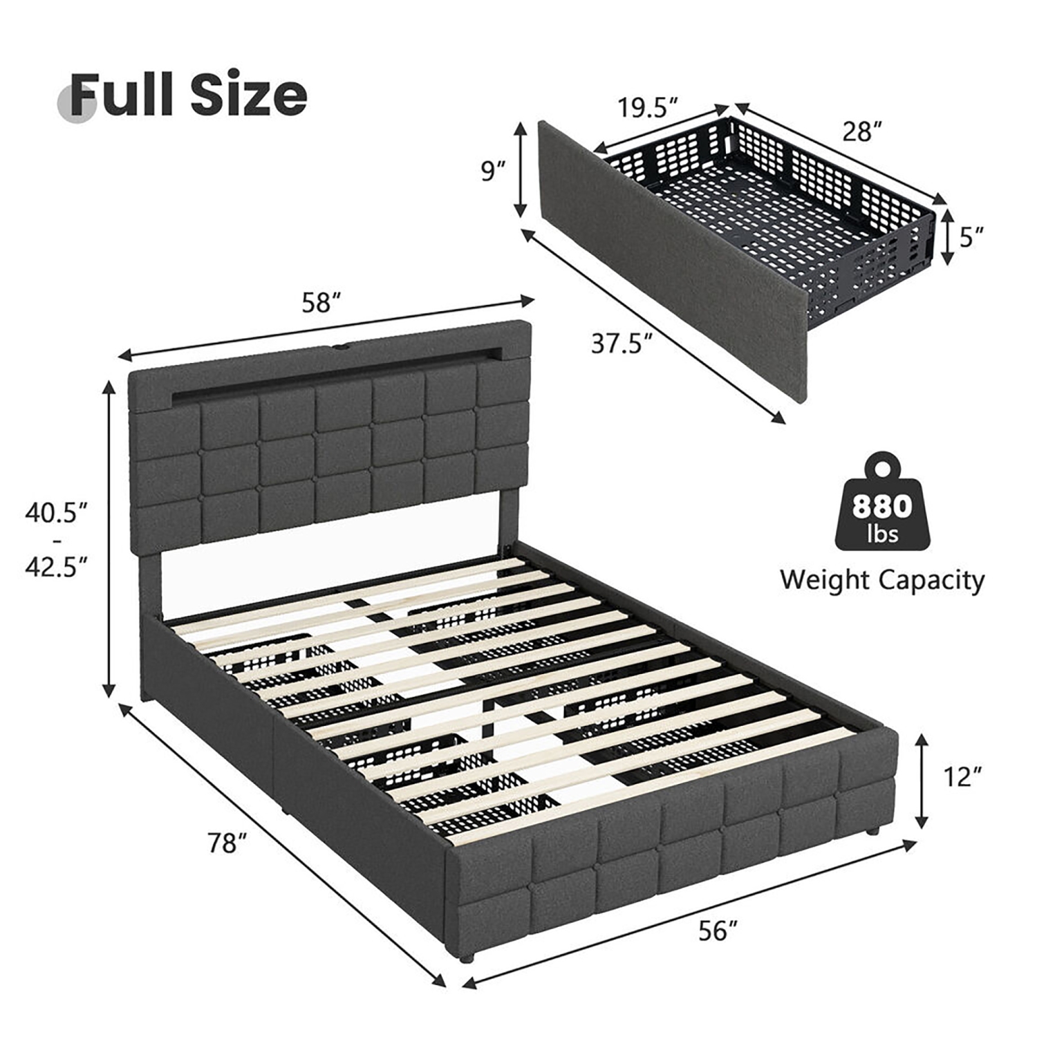 Gymax Full Upholstered Platform Bed with LED Headboard Charging Station Storage Drawer