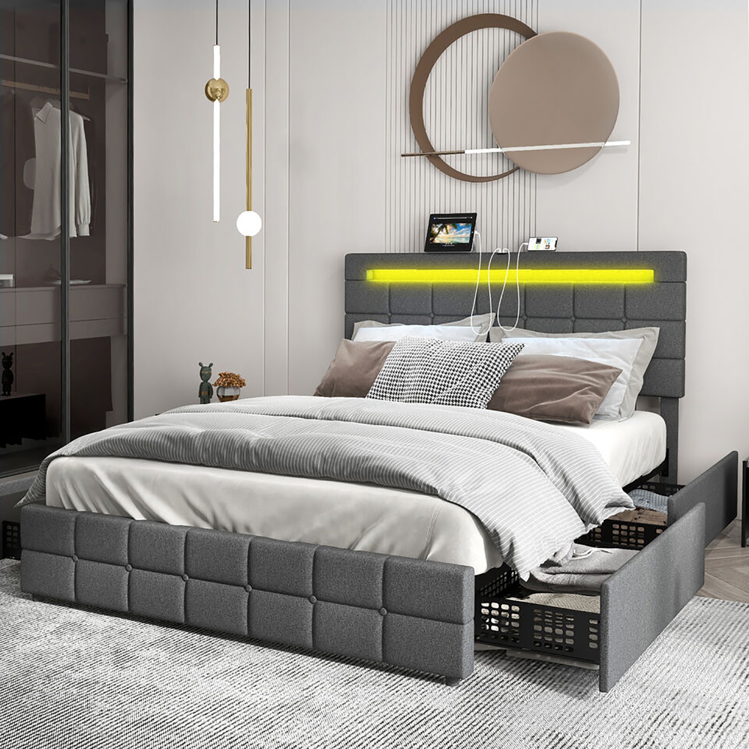 Gymax Full Upholstered Platform Bed with LED Headboard Charging Station Storage Drawer
