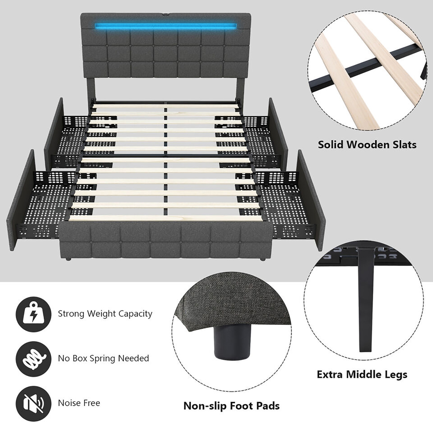 Gymax Full Upholstered Platform Bed with LED Headboard Charging Station Storage Drawer
