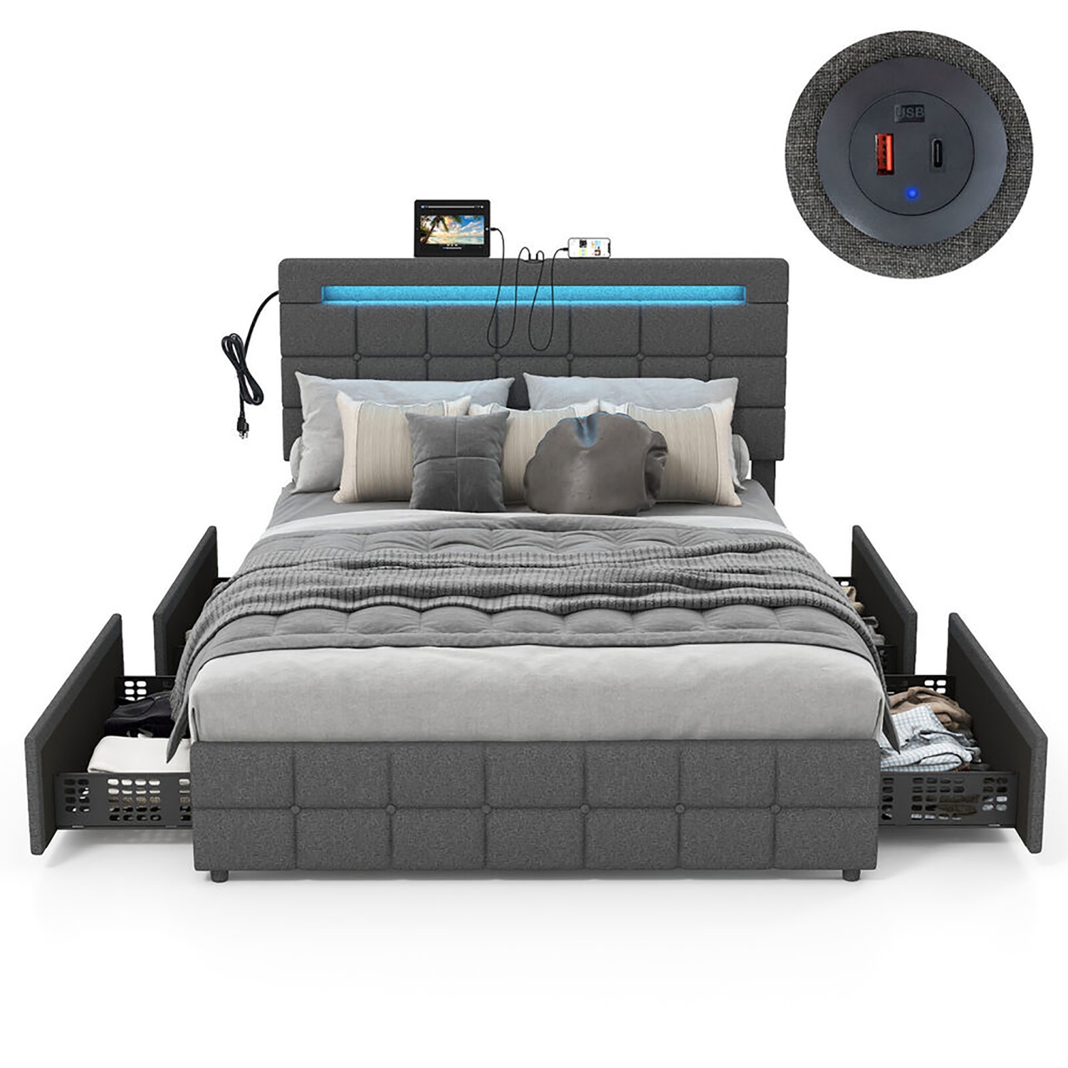 Gymax Full Upholstered Platform Bed with LED Headboard Charging Station Storage Drawer