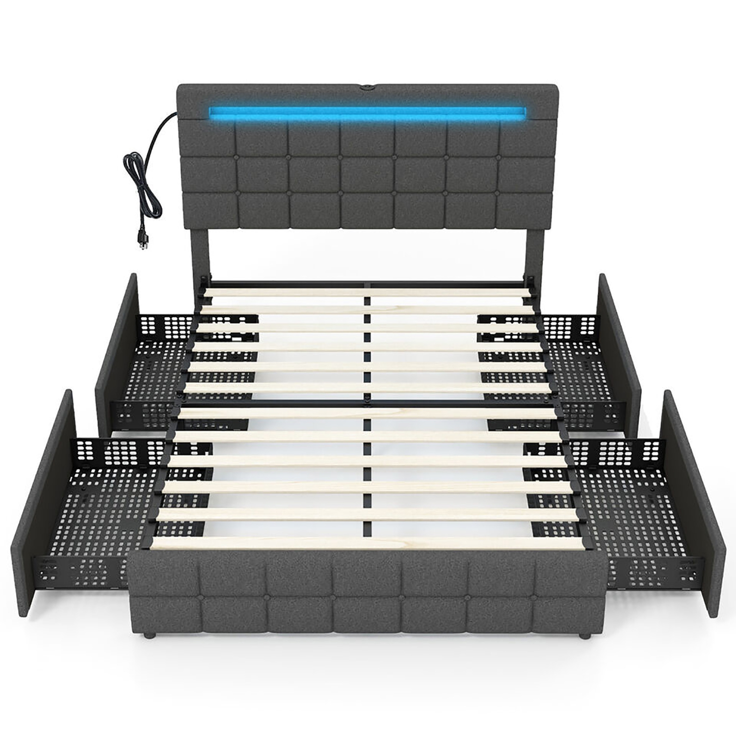 Gymax Full Upholstered Platform Bed with LED Headboard Charging Station Storage Drawer