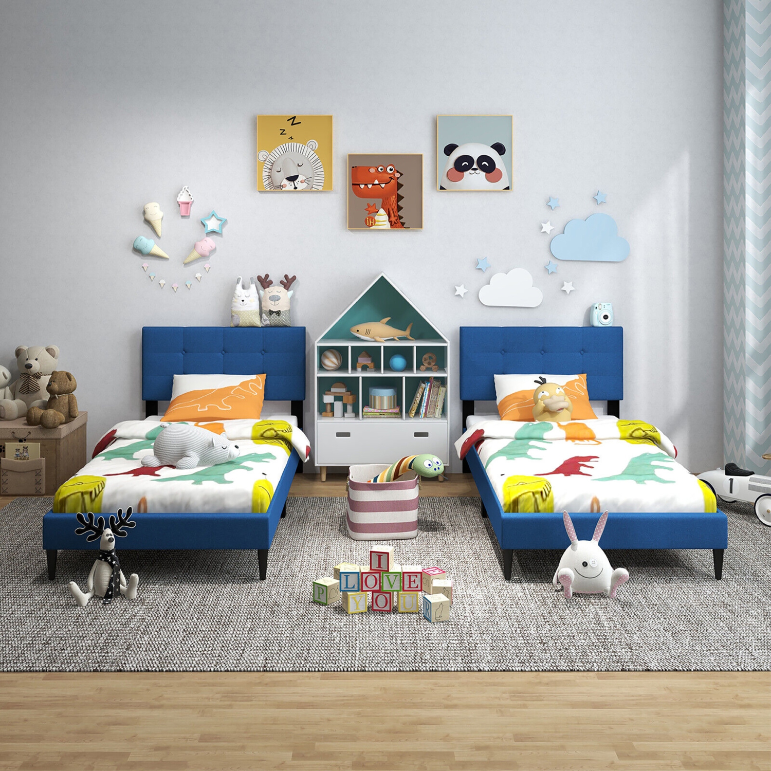 Gymax Twin Upholstered Platform Bed Mattress Foundation Button Tufted Headboard