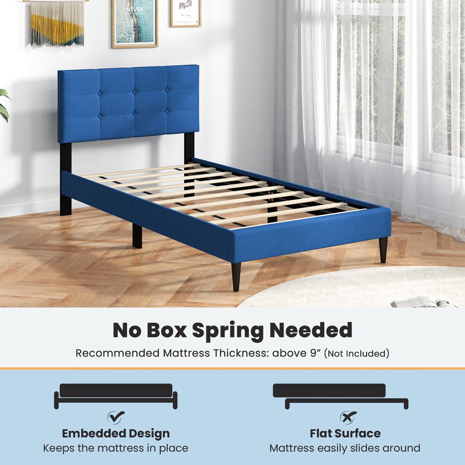 Gymax Twin Upholstered Platform Bed Mattress Foundation Button Tufted Headboard