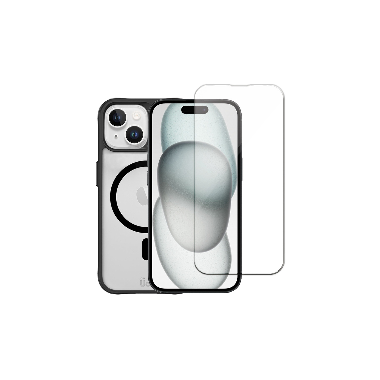 Uolo Shield Tempered Glass Screen Proteector w/ Uolo Soul+ Military-Grade Protection MagSafe Case, iPhone 15 Black Bundle