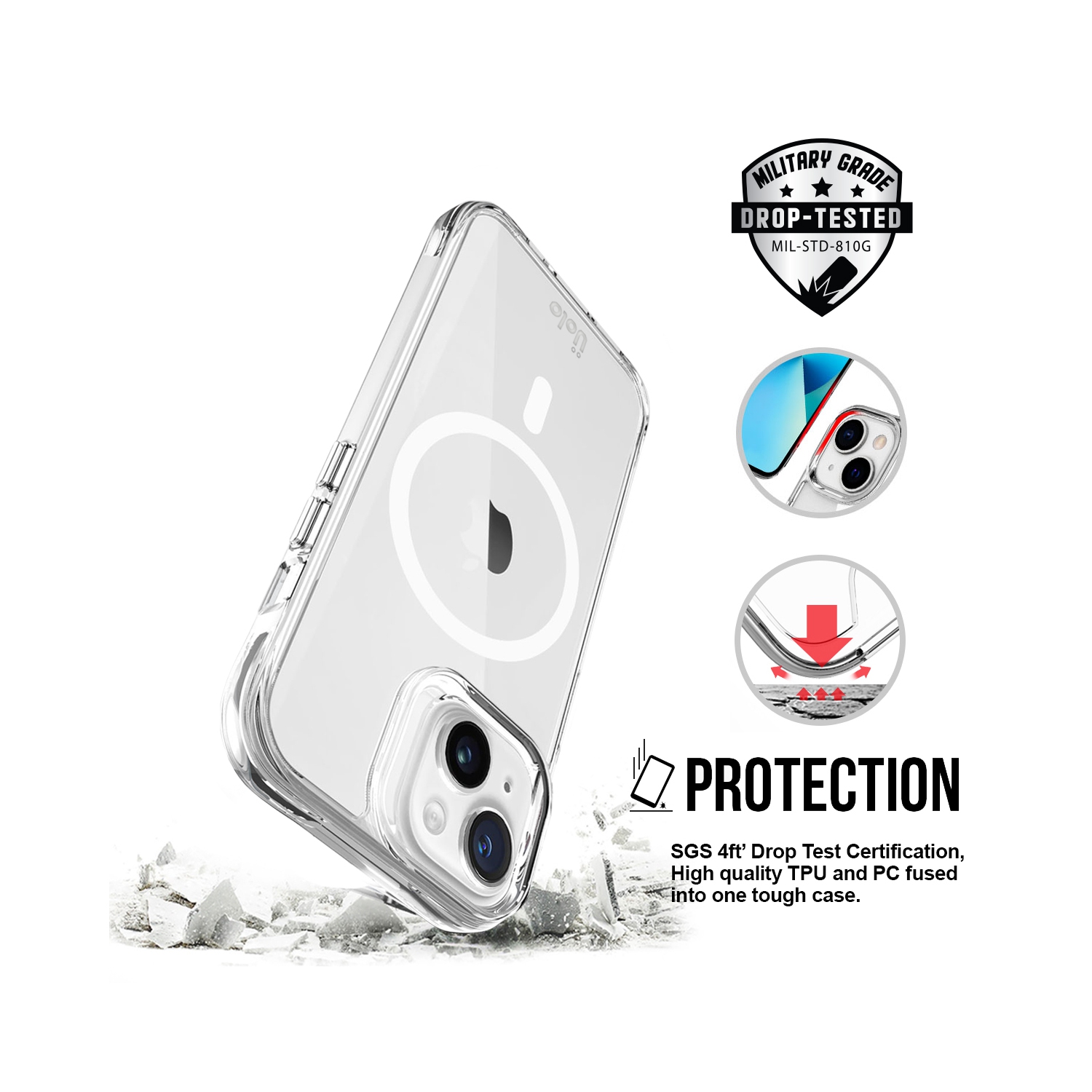 Uolo Shield Tempered Glass Screen Proteector w/ Uolo Soul+ Military-Grade Protection MagSafe Case, iPhone 15 Black Bundle