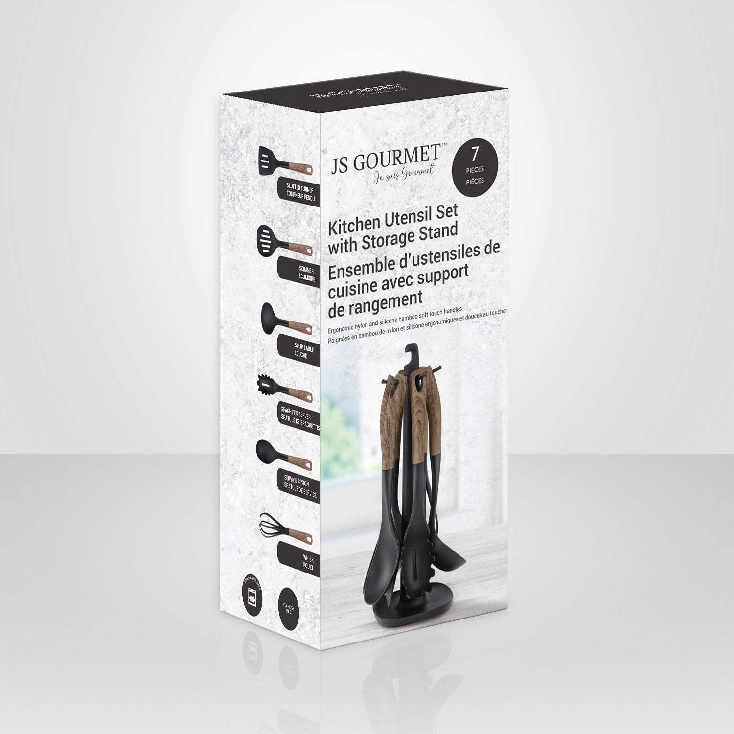 JS Gourmet – Ensemble d’ustensiles de cuisine avec porte-ustensiles, brun