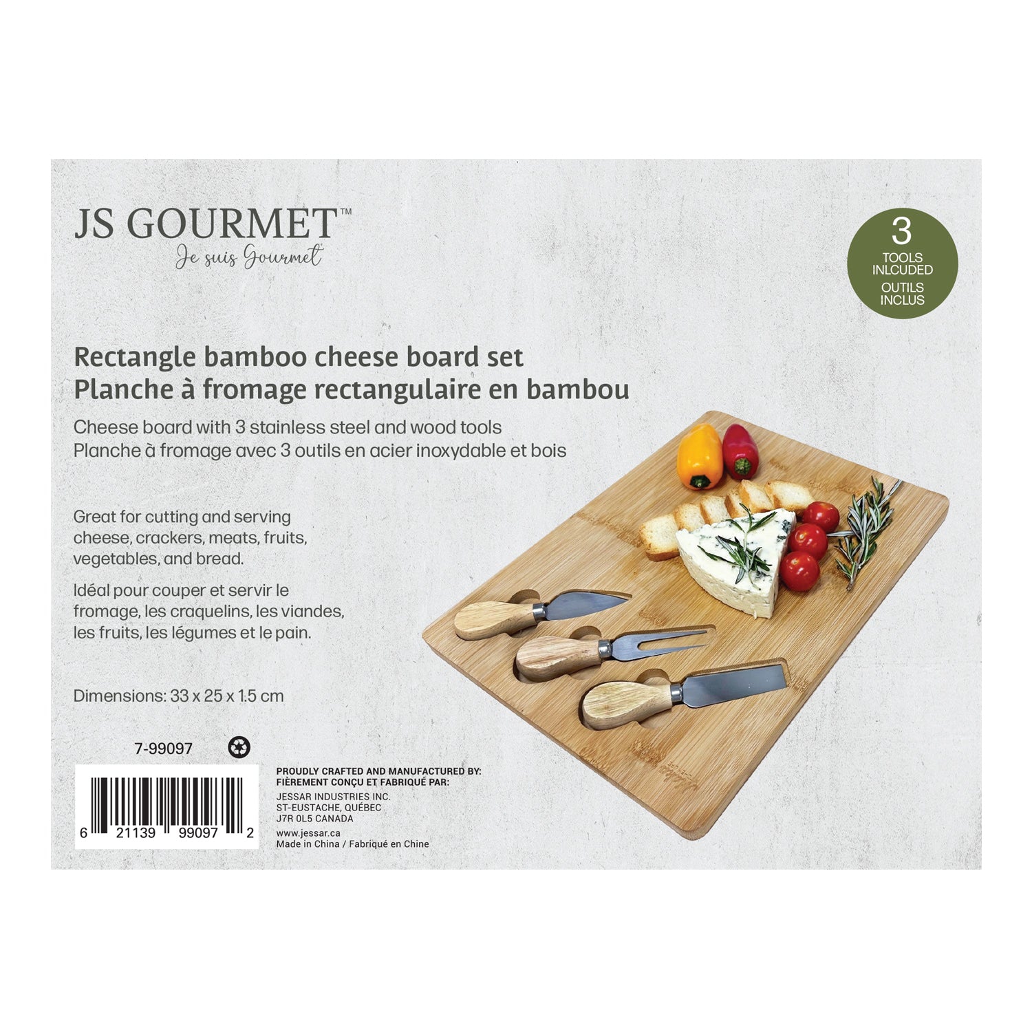 JS Gourmet – planche à fromage en bambou avec 3 couteaux