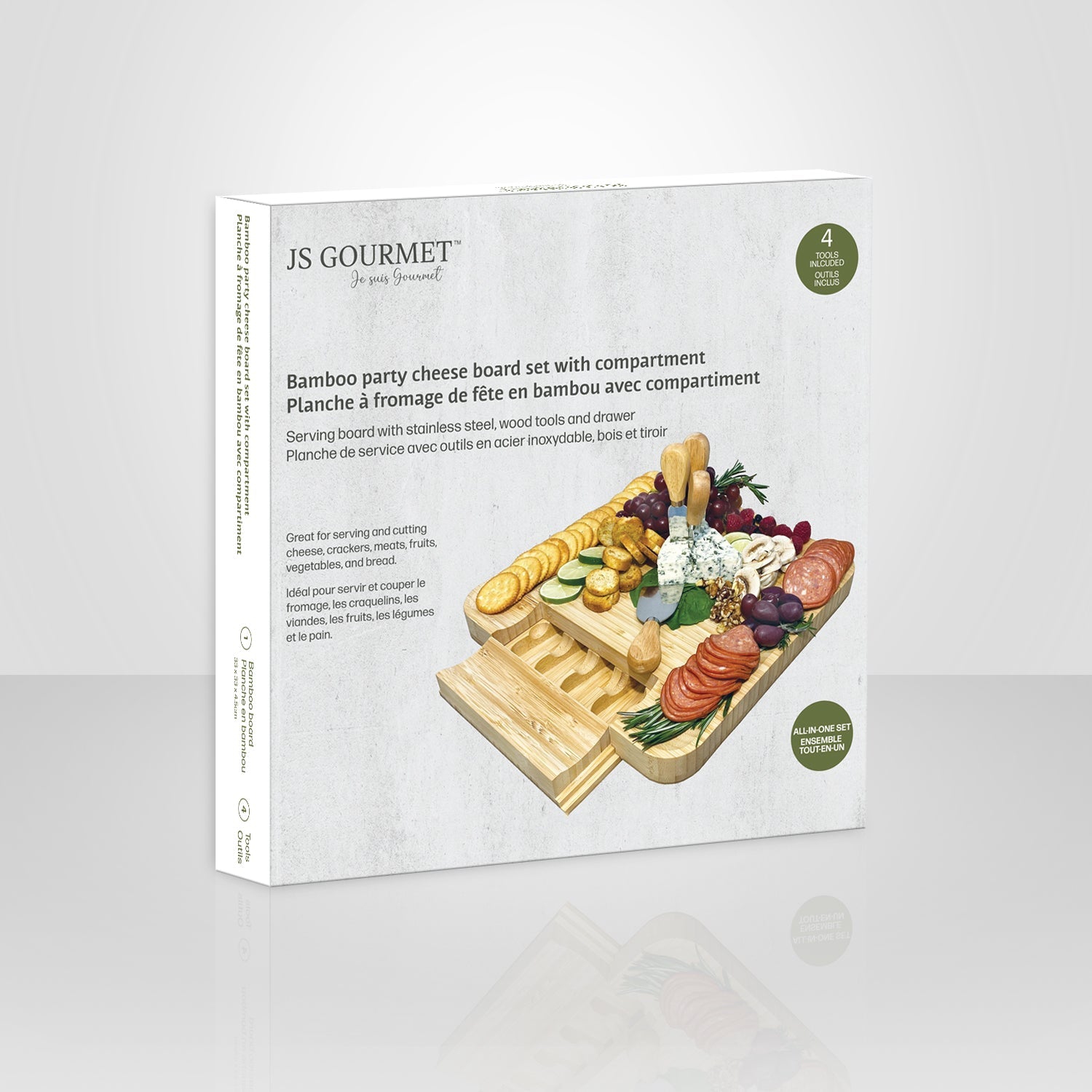 JS Gourmet – grande planche à fromage en bambou avec tiroir coulissant et 4 couteaux