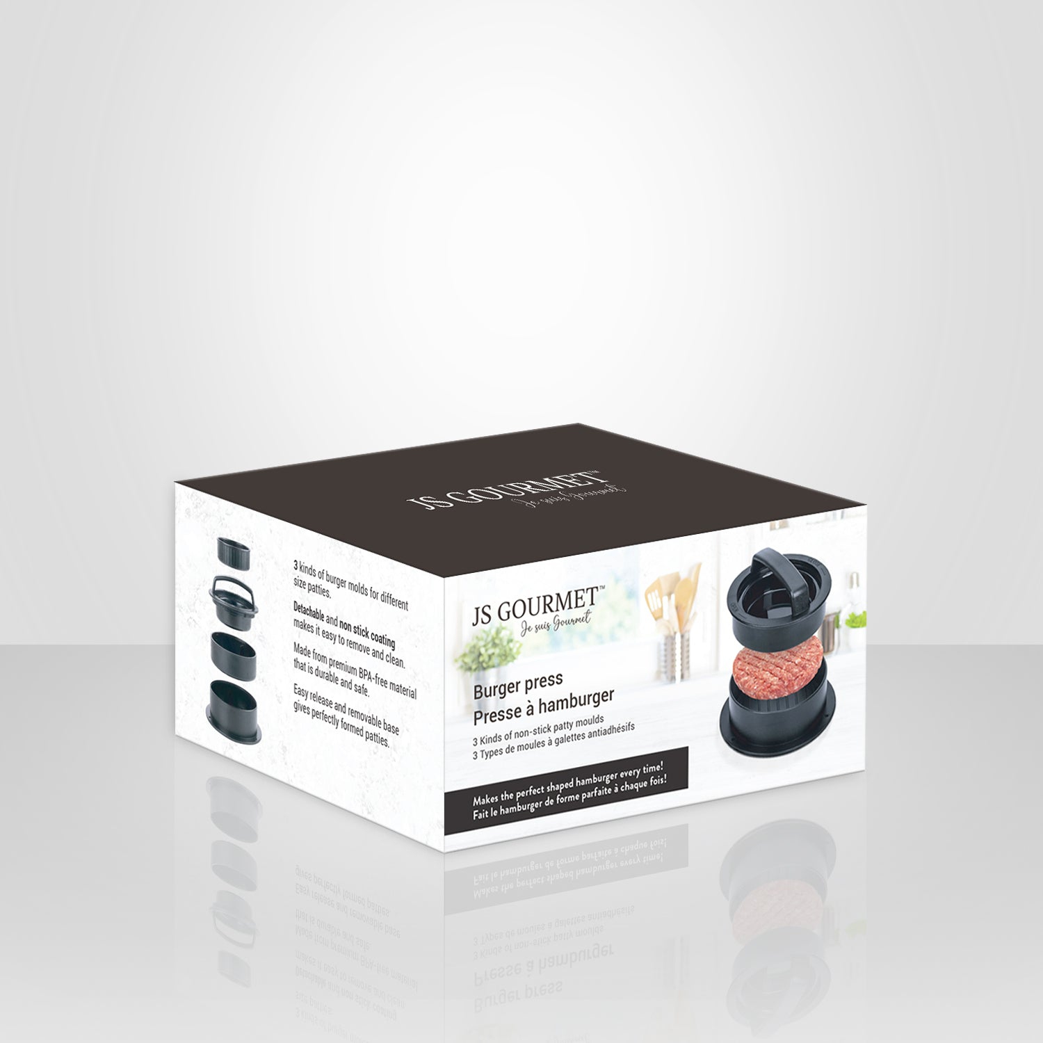 JS Gourmet - Burger Press, Non-Stick Coating, 3 Different Sizes