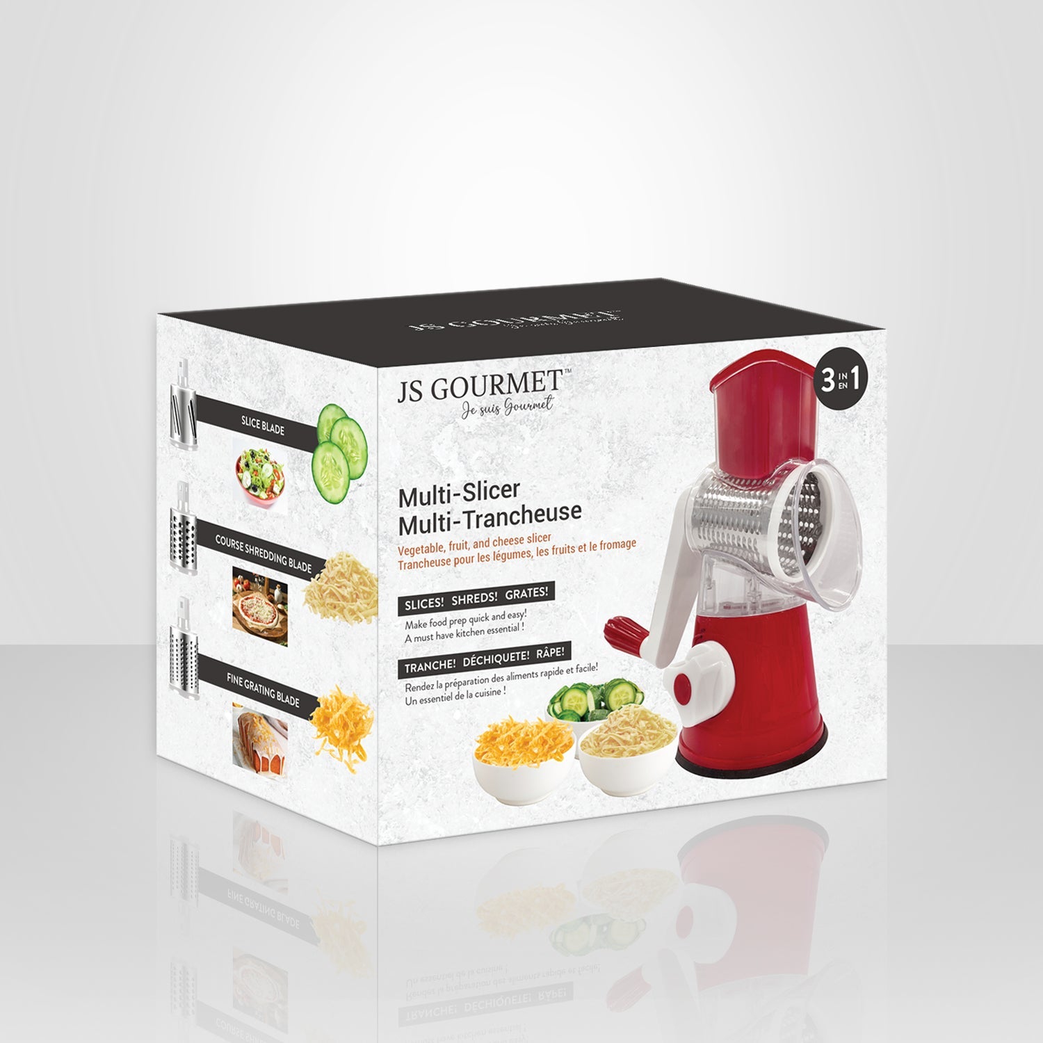 JS Gourmet – Trancheuse multiple 3-en-1, tranche, coupe et grille, rouge